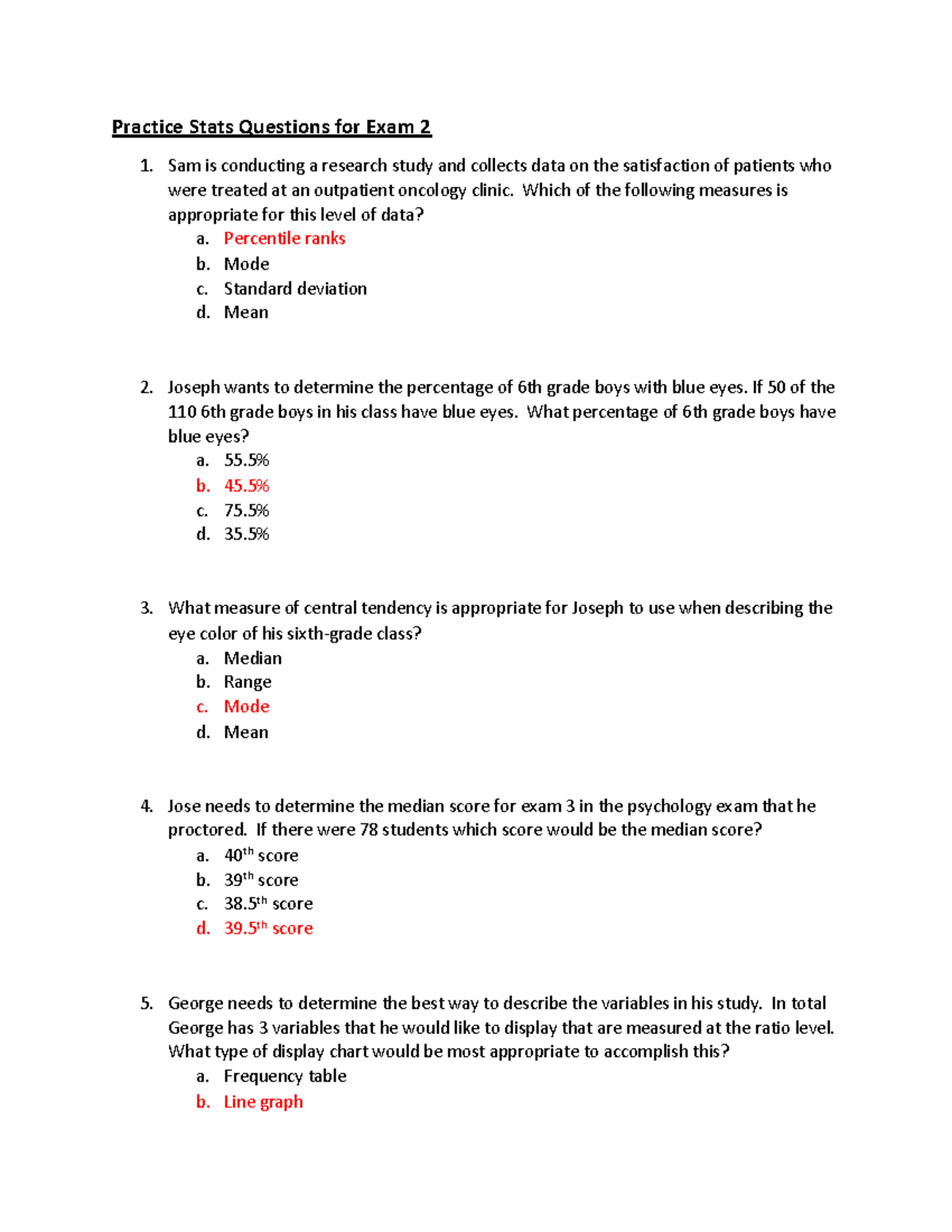 Practice stats questions (set 3) - Practice Stats Questions for Exam 2 ...