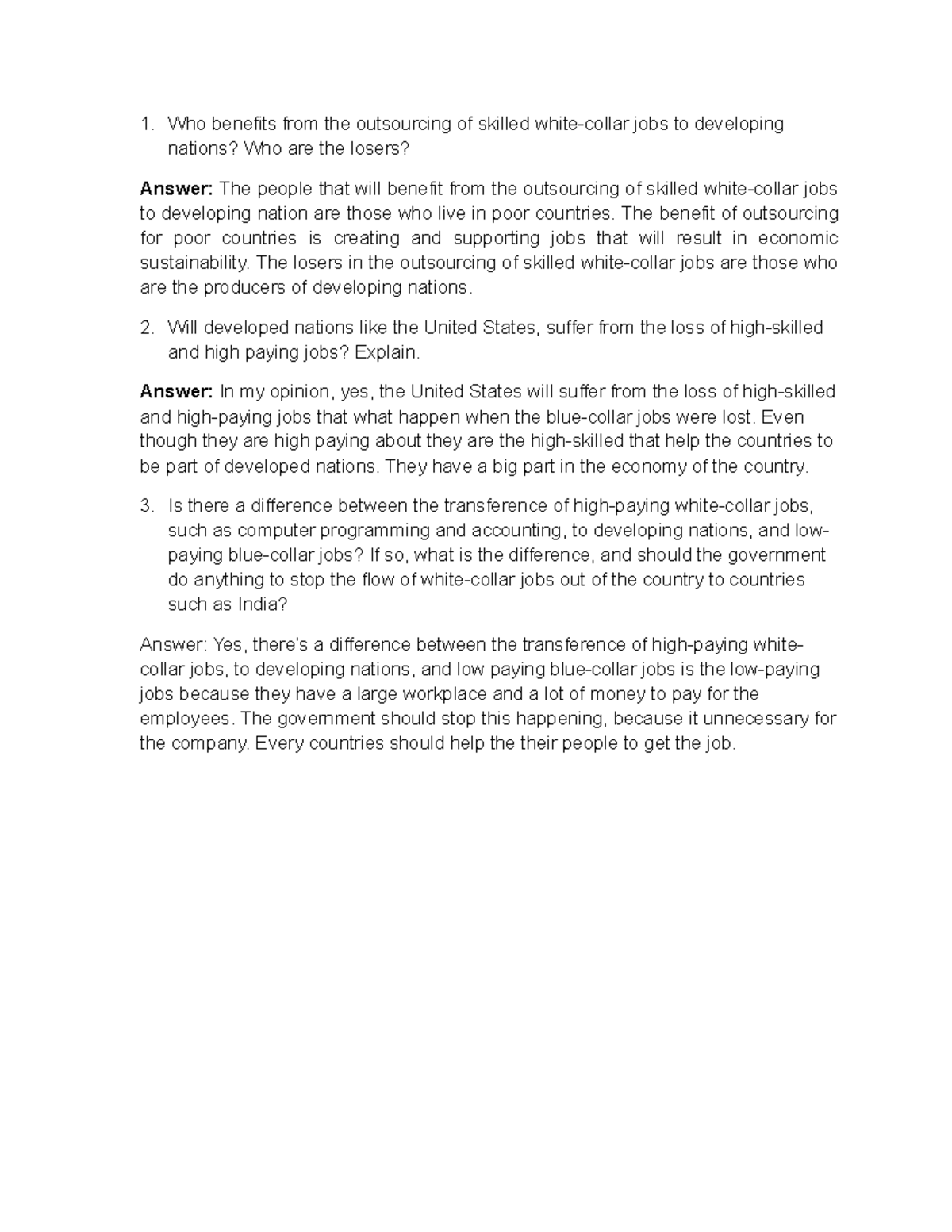 (5 Assignment) whitecollar jobs Who benefits from the outsourcing