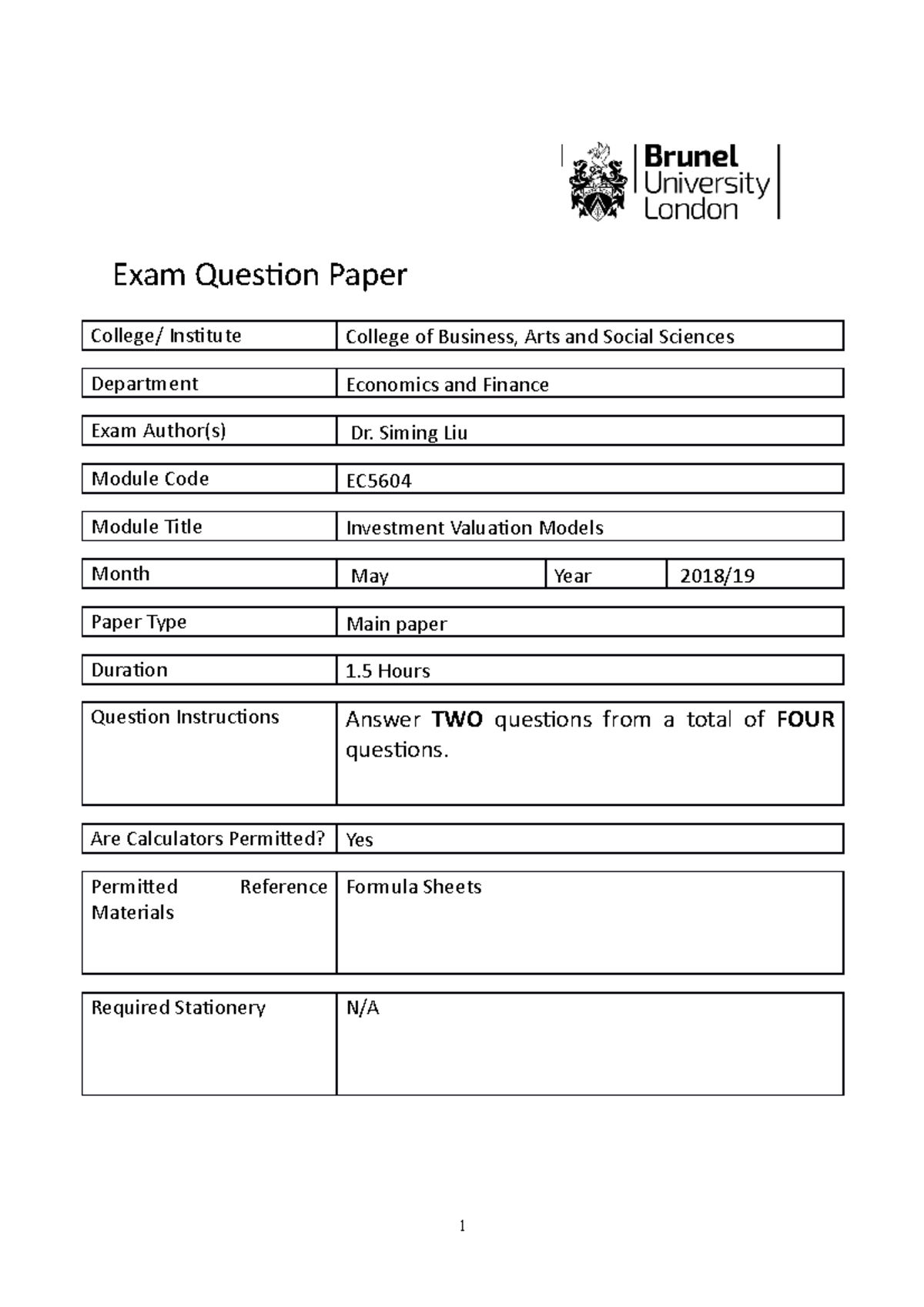 Exam May 2019 - Exam Question Paper College/ Institute College of ...