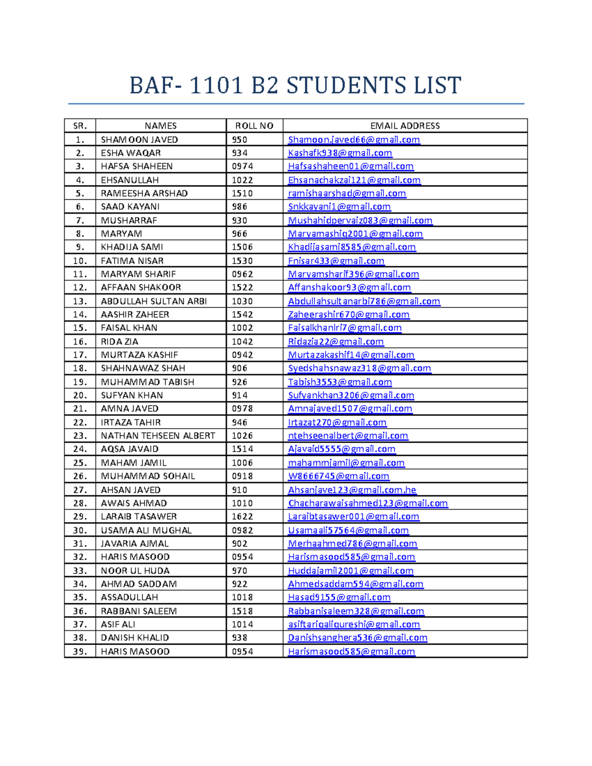 price list baf