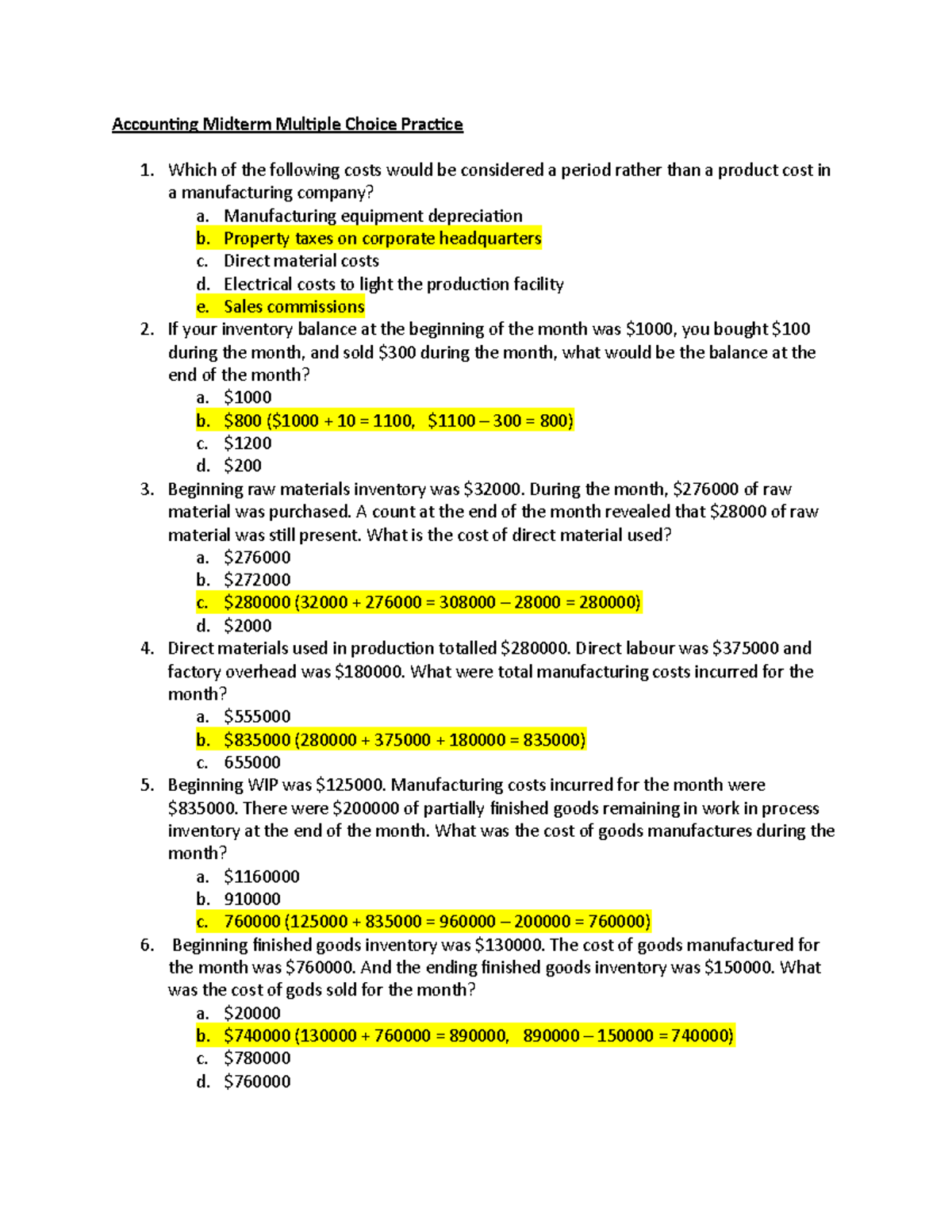 Accounting Midterm Multiple Choice Practice Manufacturing equipment depreciation b. Property