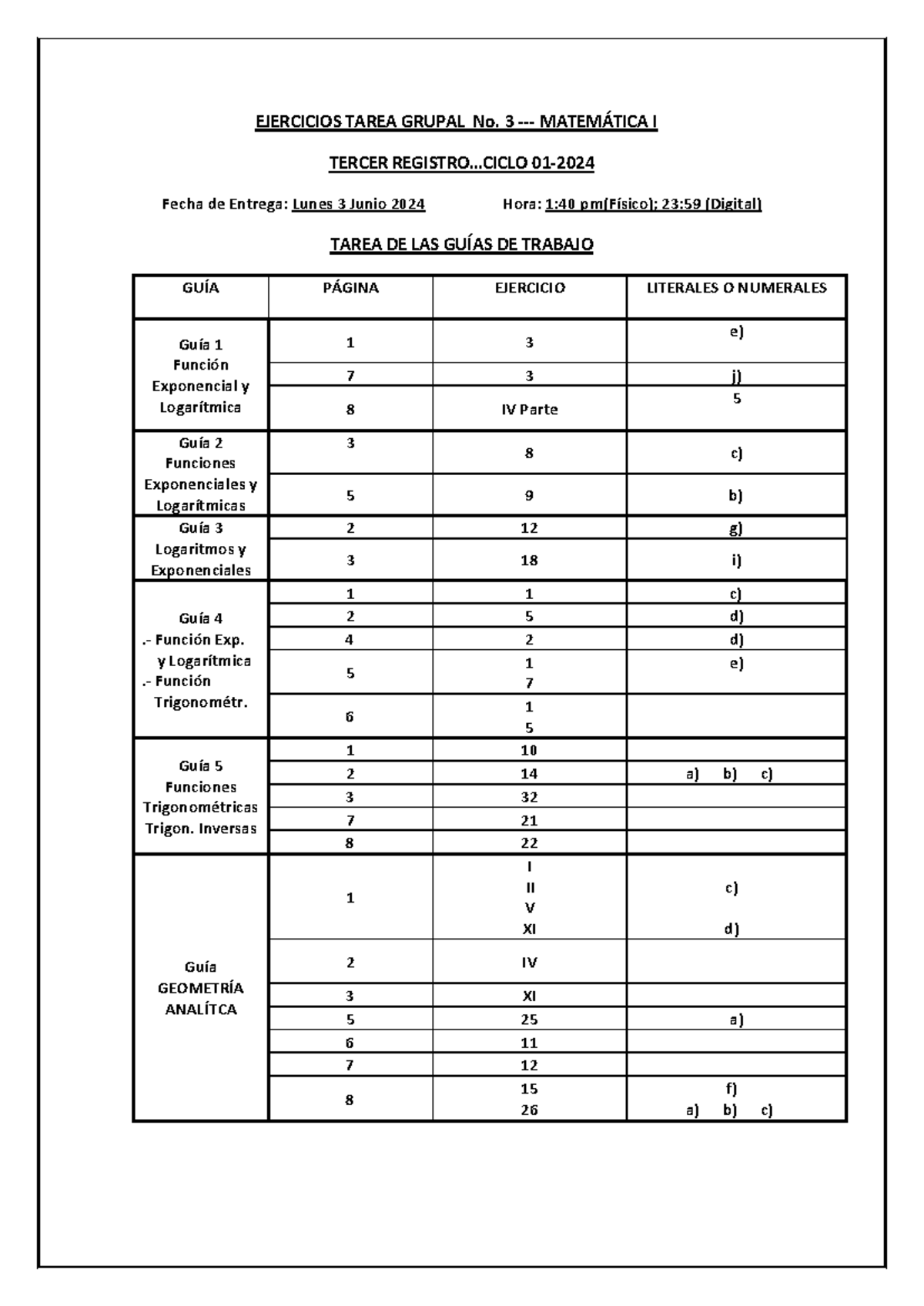 Tarea Grupal No.3 Matemática I UJMD-CGVG - EJERCICIOS TAREA GRUPAL No ...