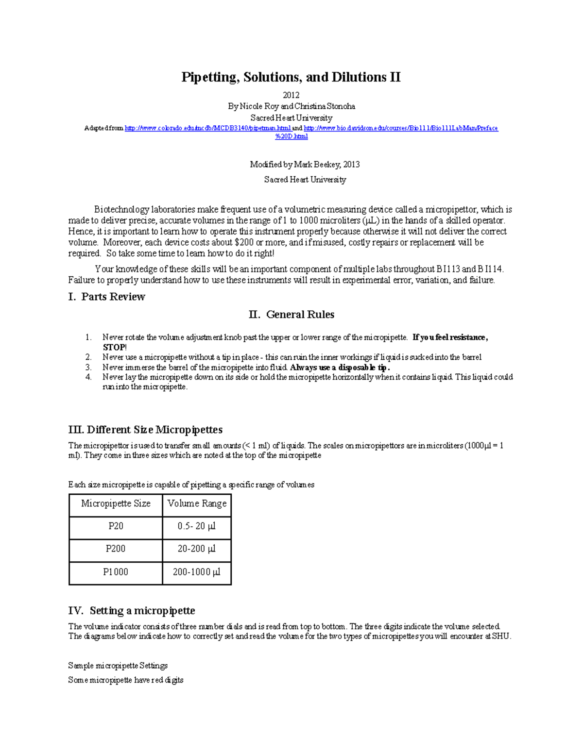 Pipetting, Solutions, and Dilutions Worksheet Pipetting, Solutions