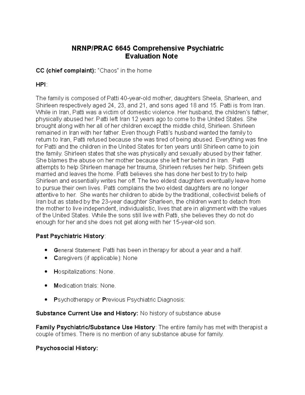 CH2 Psych evaluation on family viewed in video. NRNP/PRAC 6645