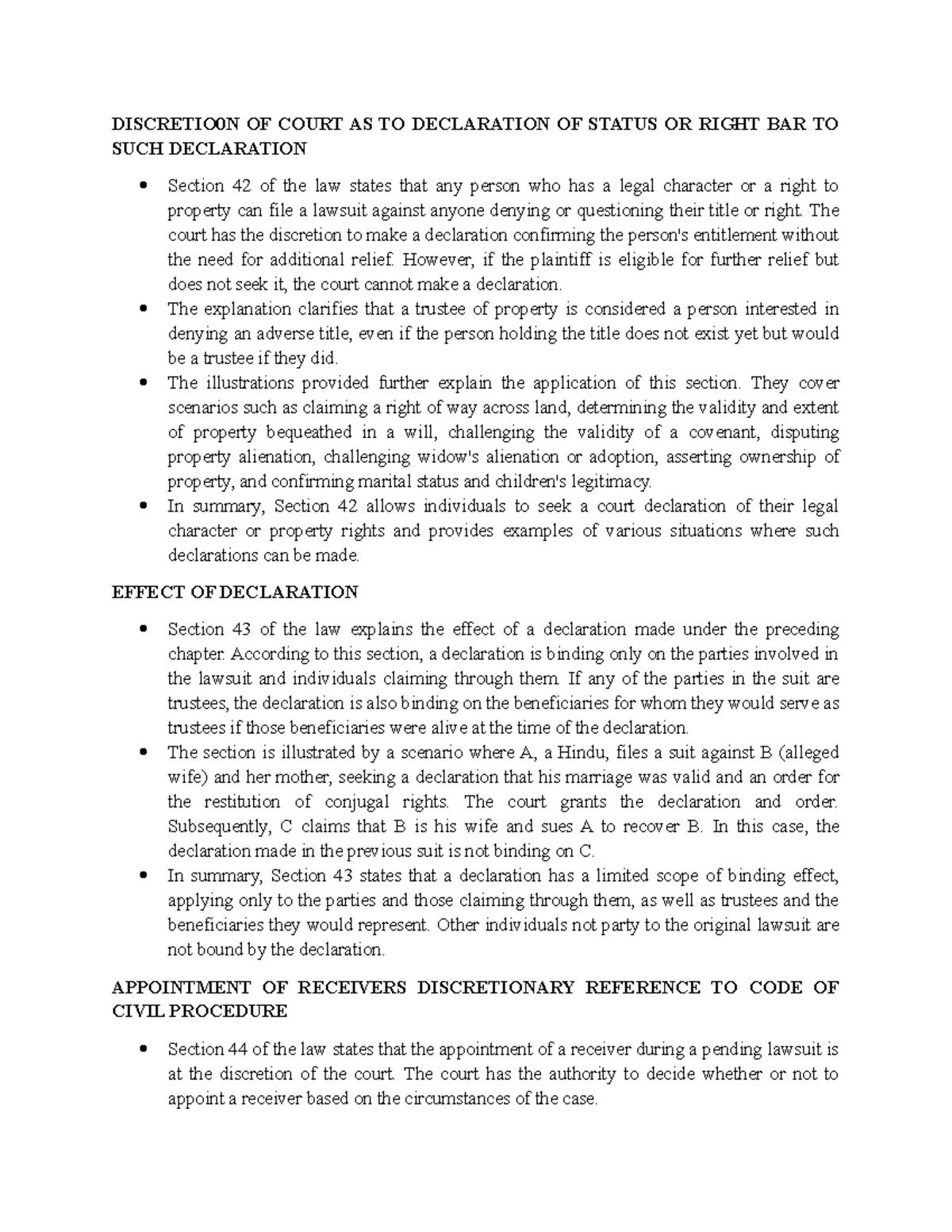 Specific relief act - DISCRETIO0N OF COURT AS TO DECLARATION OF STATUS ...