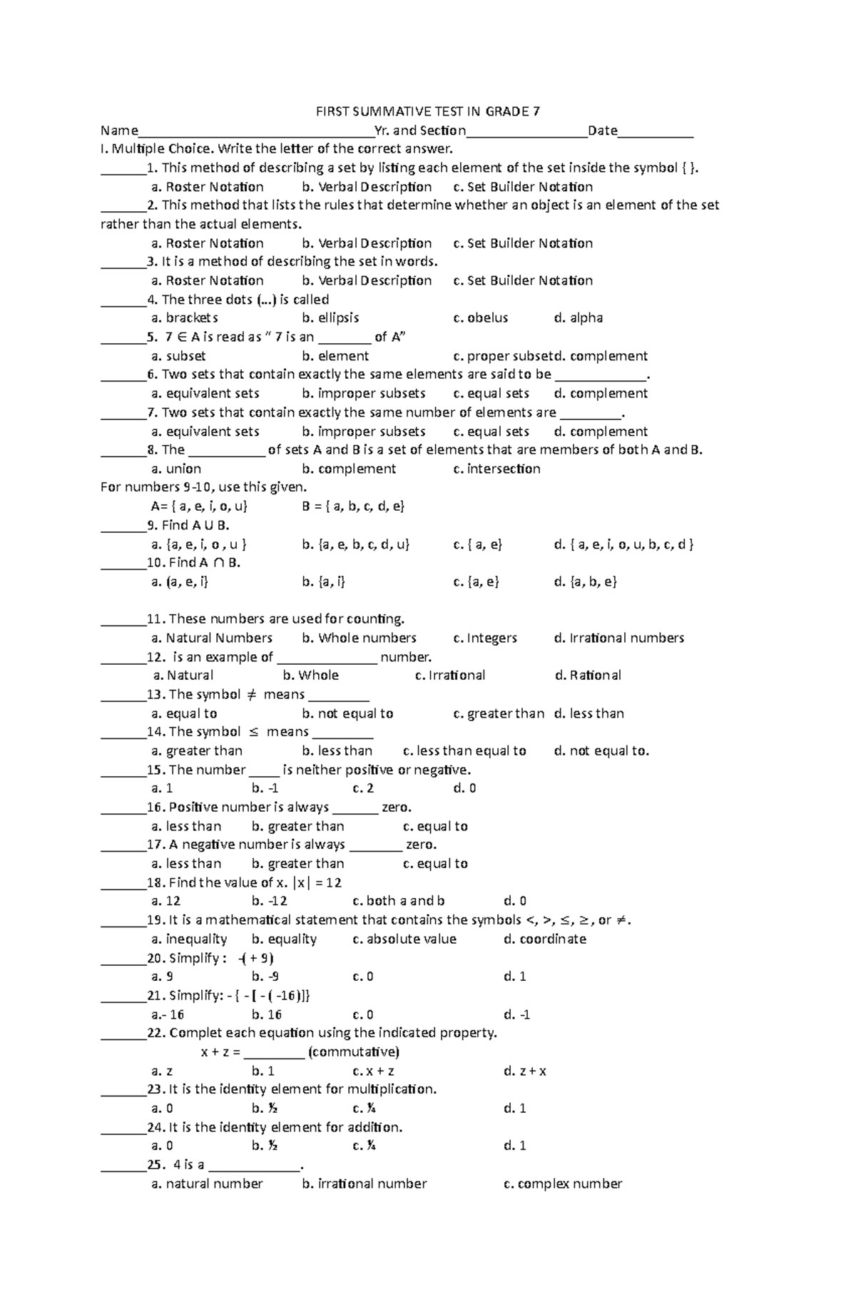 190085891 Math 7 or math 1 summative test - FIRST SUMMATIVE TEST IN ...