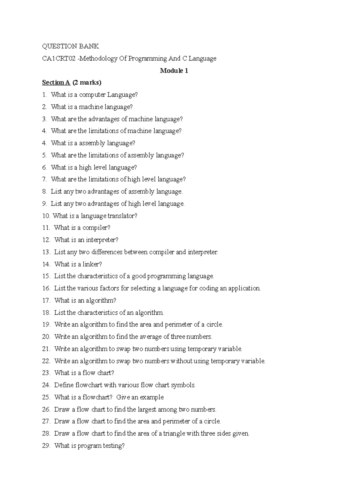 Question BANK C - QUESTION BANK CA1CRT02 -Methodology Of Programming ...