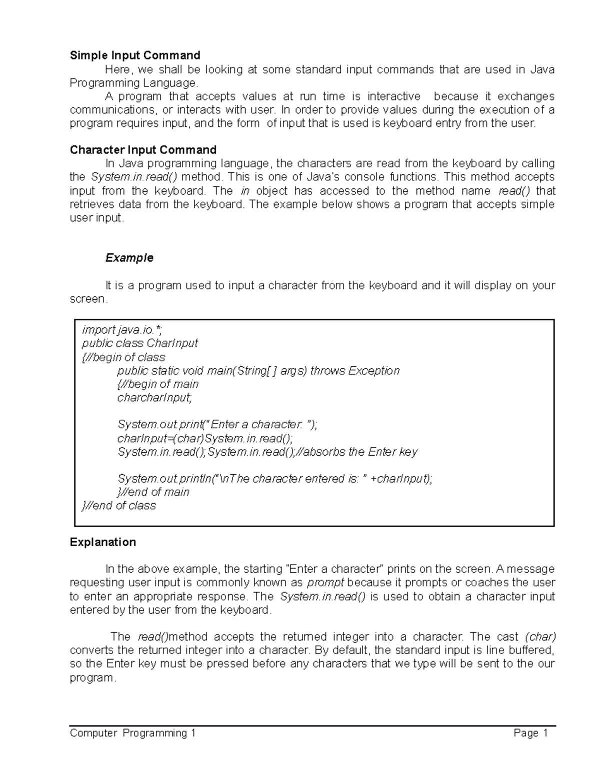 Midterm - Lecture notes 1-15 - Simple Input Command Here, we shall be ...