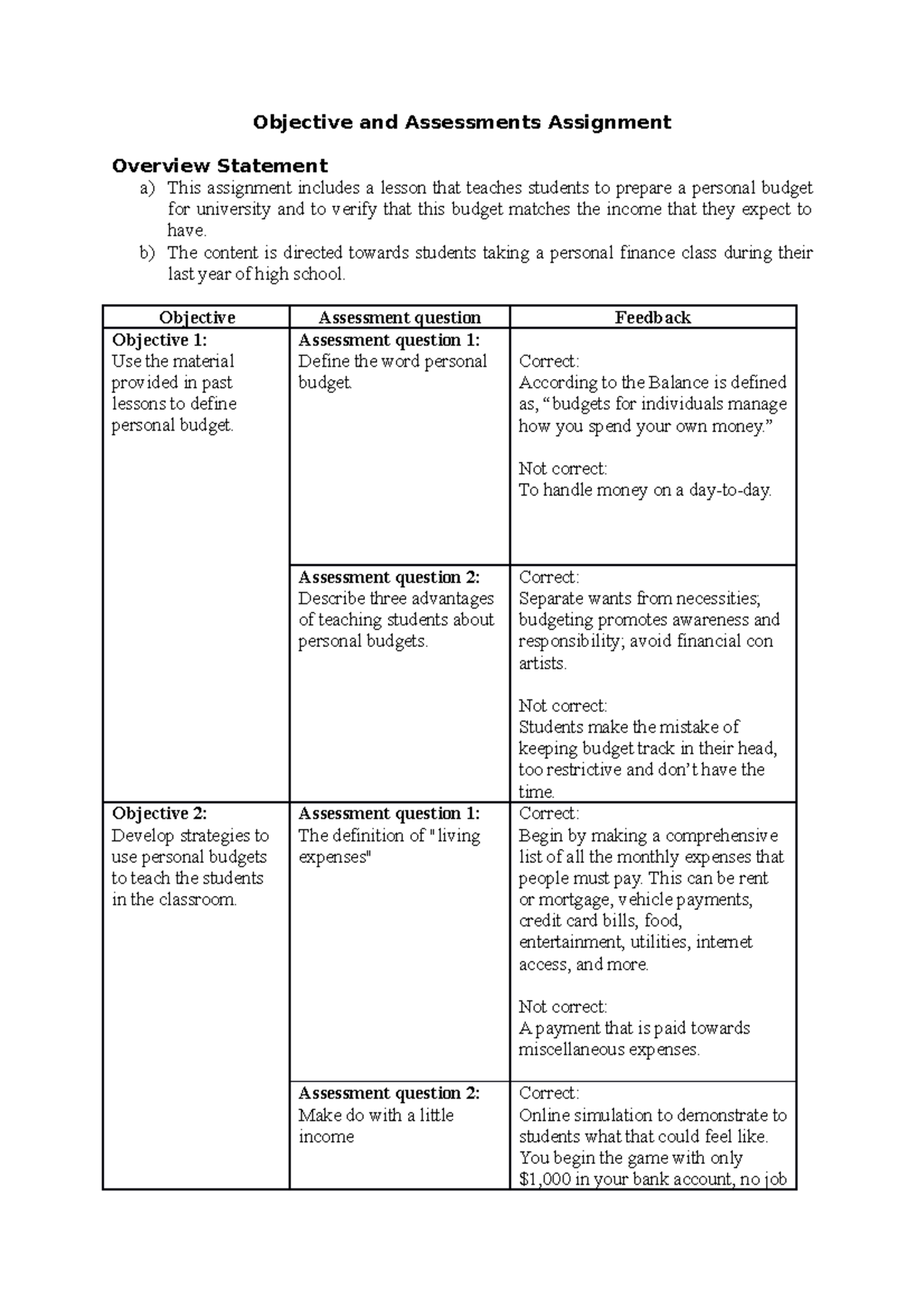 Objective and Assessments Assignment - Objective and Assessments ...