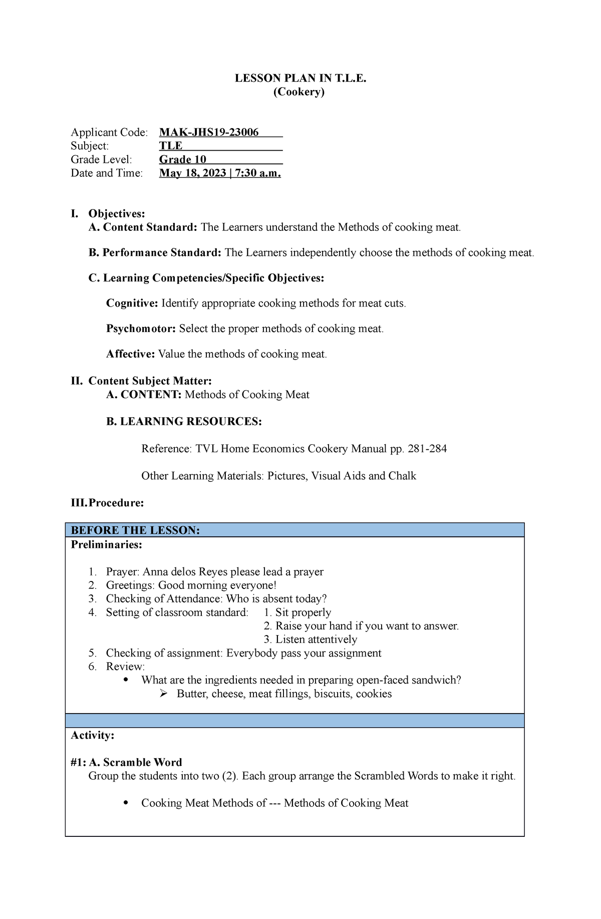 Lesson Plan in TLE - assignment - LESSON PLAN IN T.L. (Cookery ...