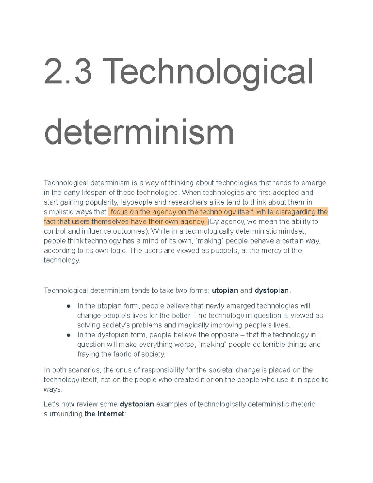 2 - Lecture notes week 13 - 2 Technological determinism Technological ...