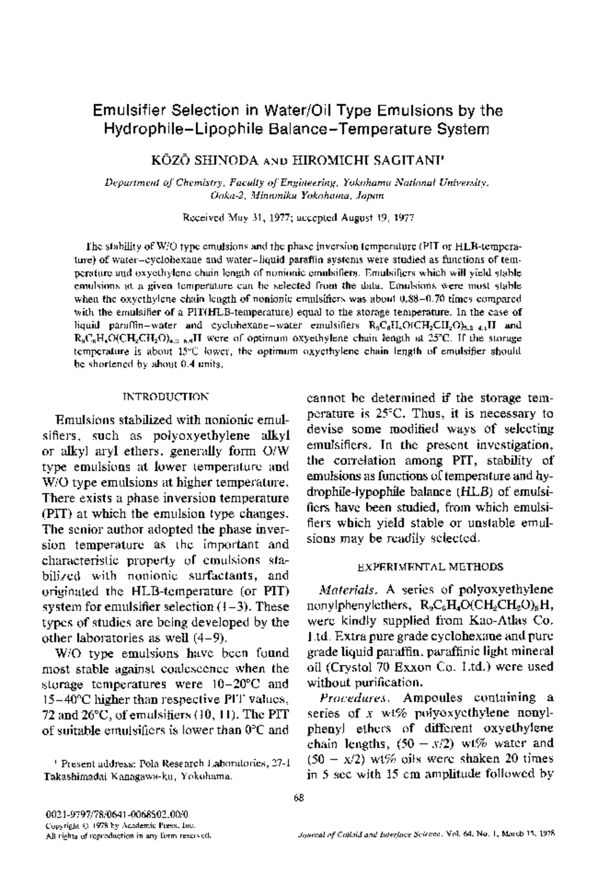 Emulsifier selection in water oil type e Emulsifier Selection in
