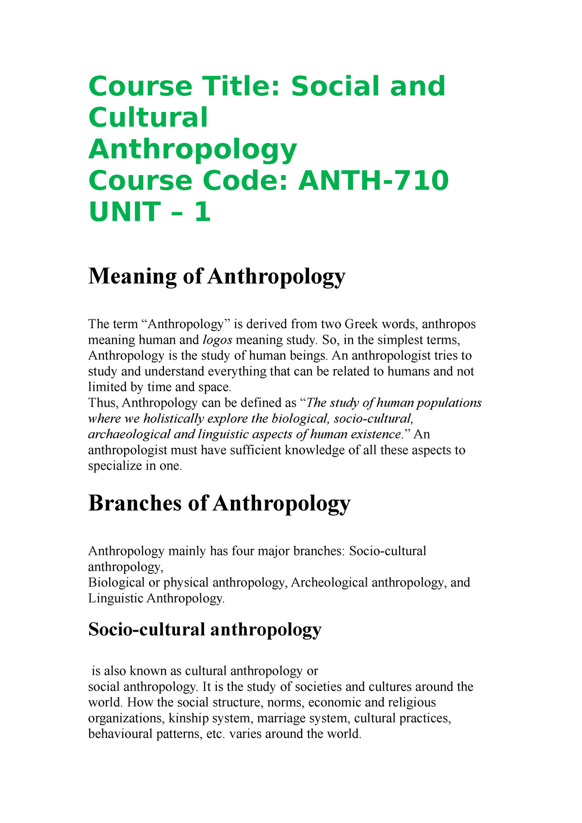 Social Anthropology - Lecture Notes 1 - Course Title: Social And ...