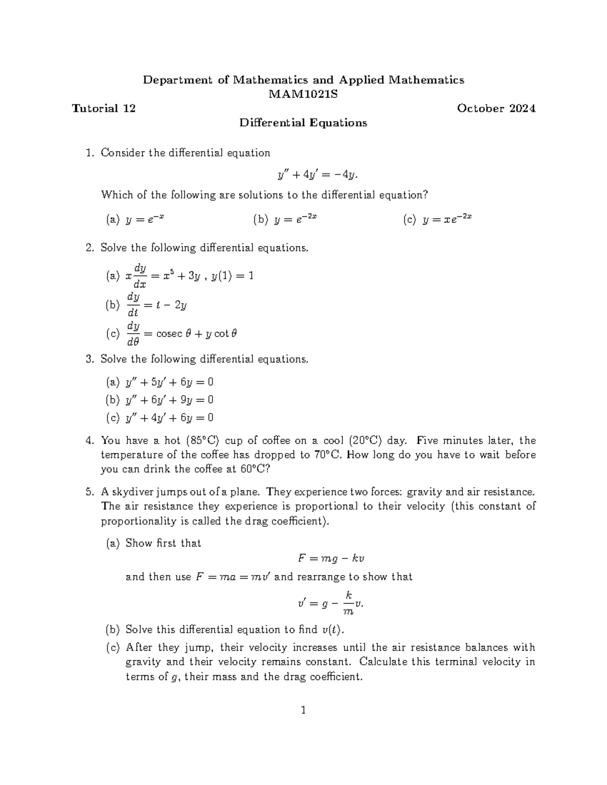 Tutorial 12 Differential Equations Department Of Mathematics And