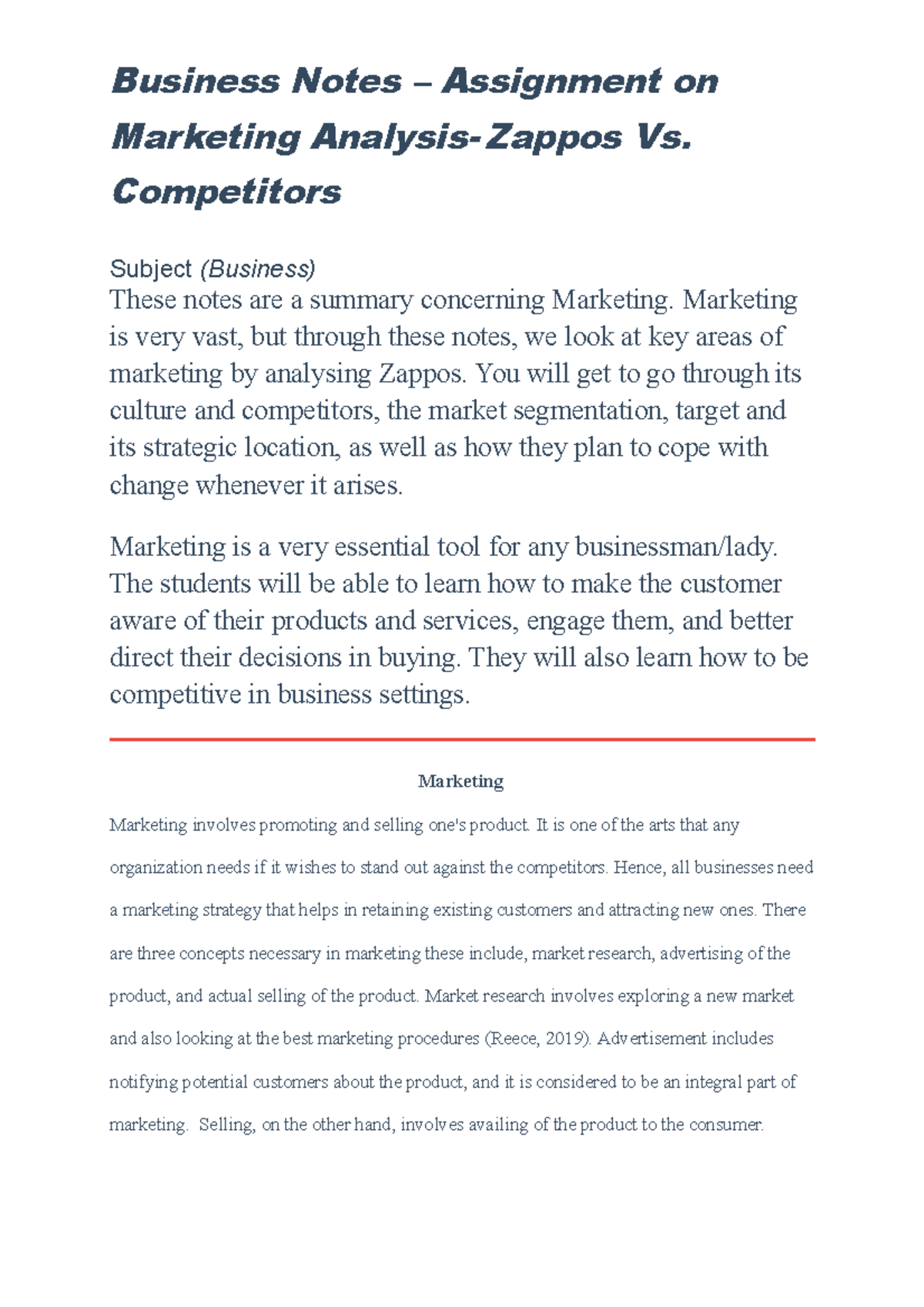 Marketing AnalysisZappos Vs. Competitors Business Notes Assignment