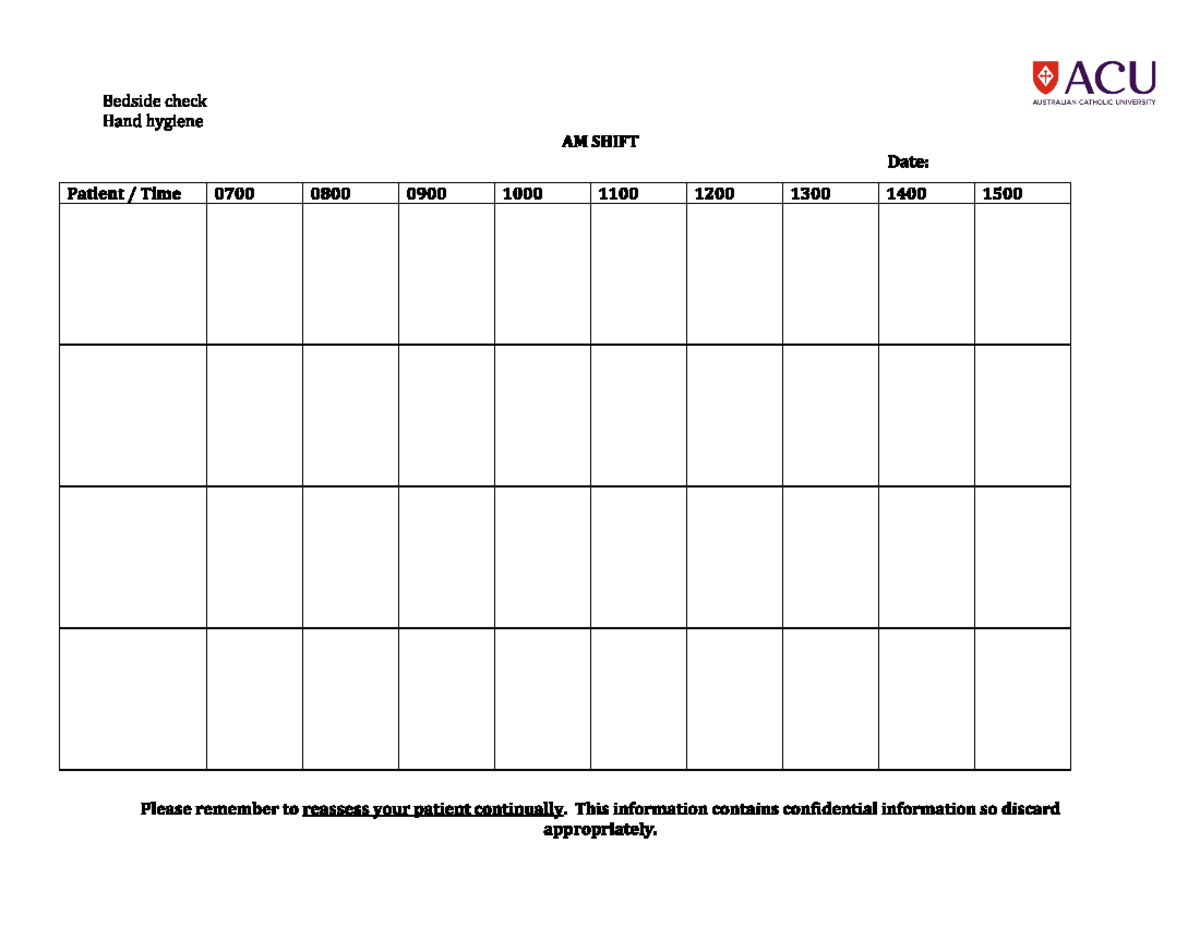 AM shift planner - hhh - PSYC100 - ACU Bedside check AUSTRALIAN ...
