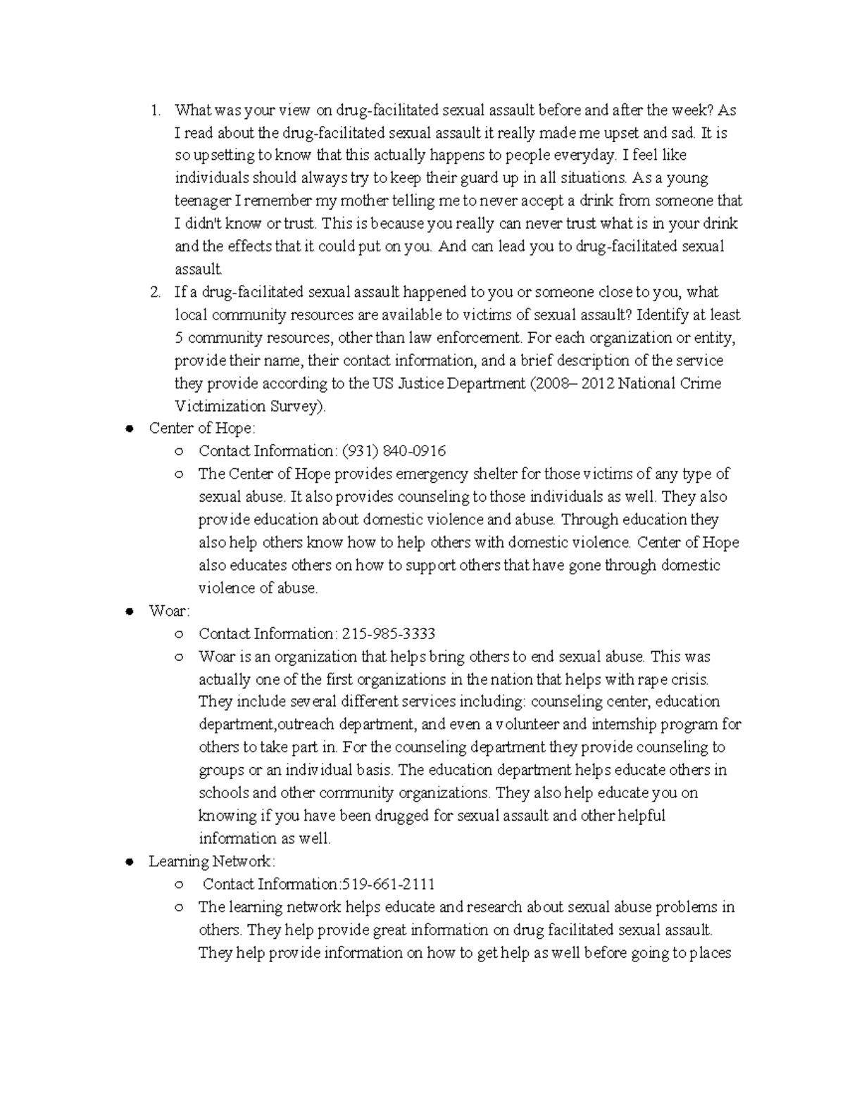 Sexual Assault Drug abuse - 1. What was your view on sexual assault ...