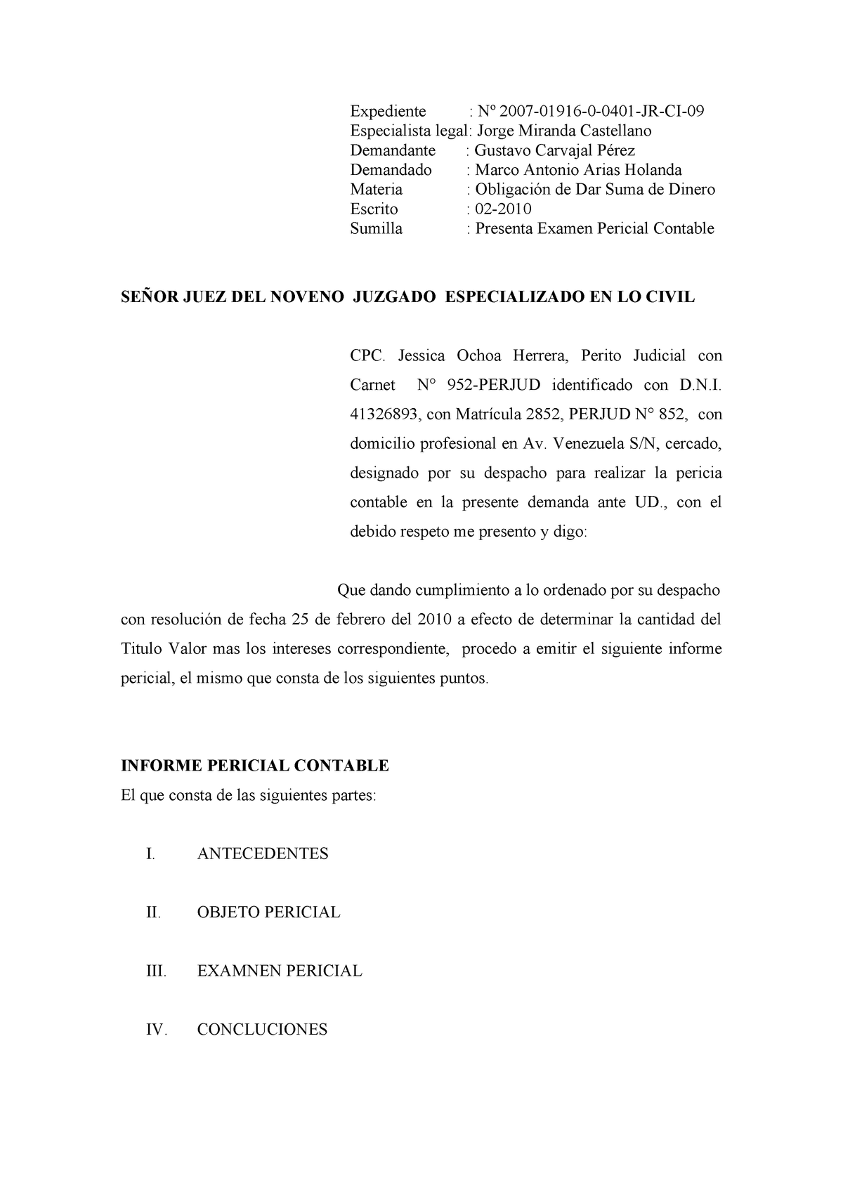 Modelo Informe Pericial Uancv Expediente Especialista Legal Jorge Miranda Studocu