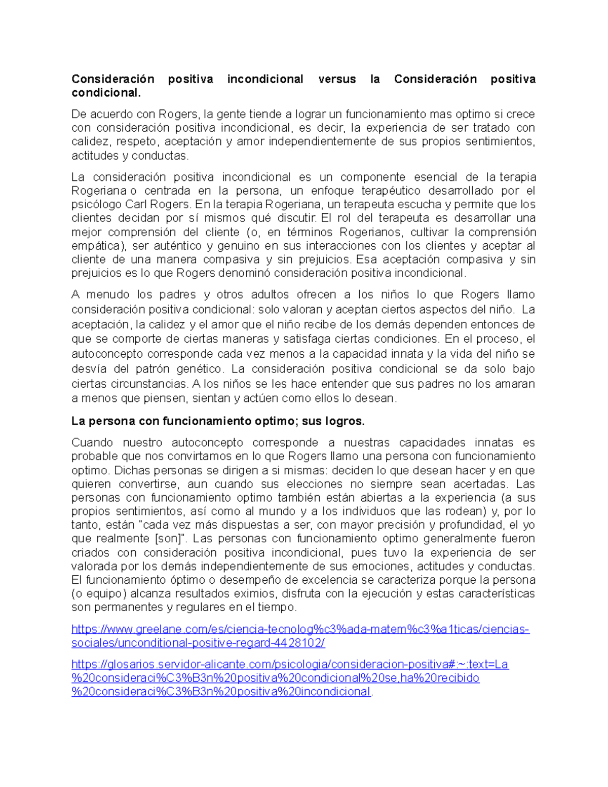 Consideración positiva incondicional versus la Consideración positiva ...