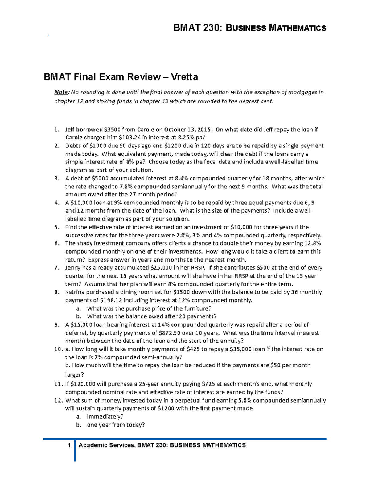 Final Exam Review-Vretta - BMAT Final Exam Review – Vretta Note : No ...