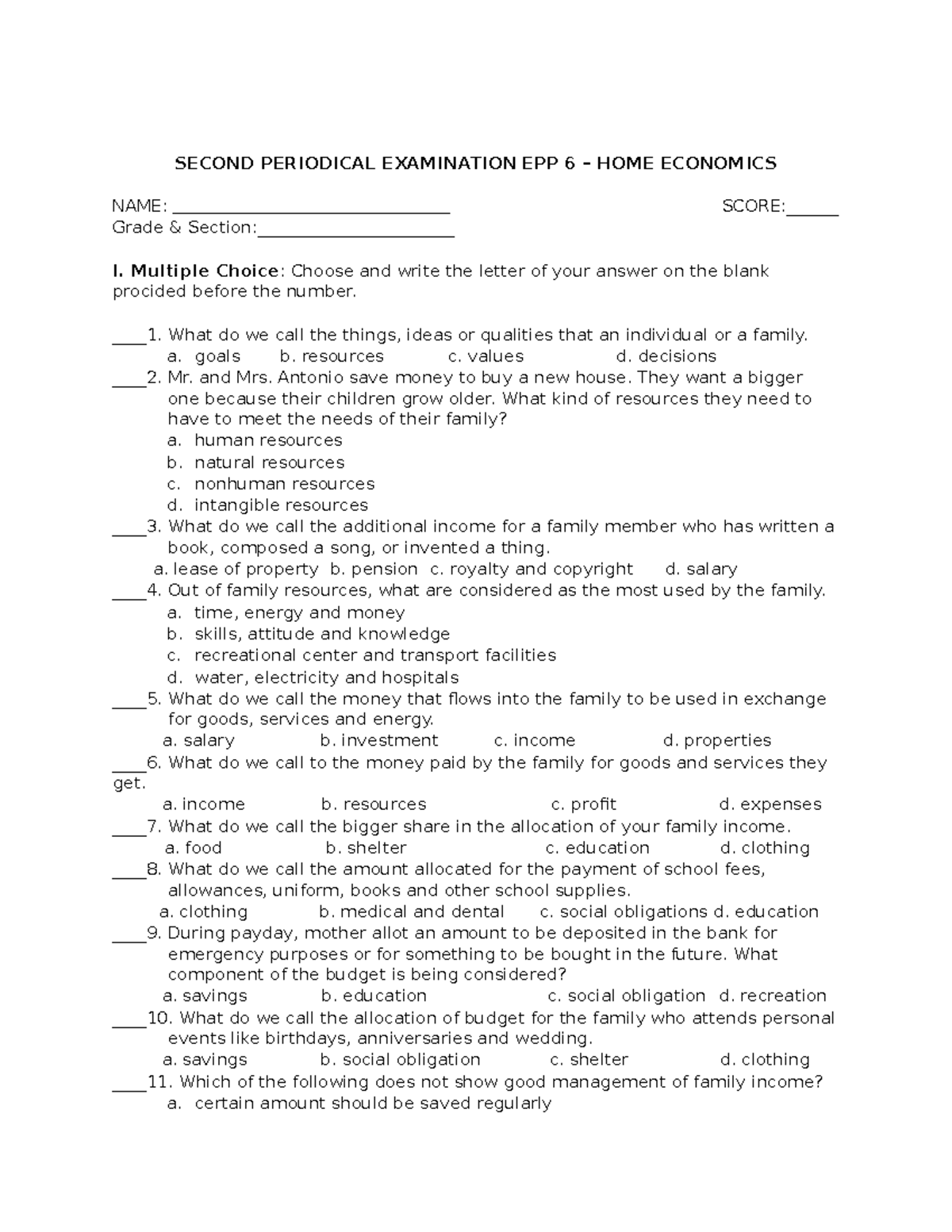 EPP - It is good for reviewing - SECOND PERIODICAL EXAMINATION EPP 6 ...