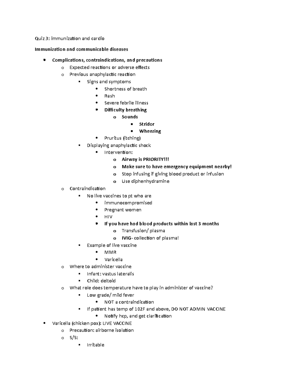 Quiz 3 - STUDY GUIDE!! very helpful - Quiz 3: immunization and cardio ...