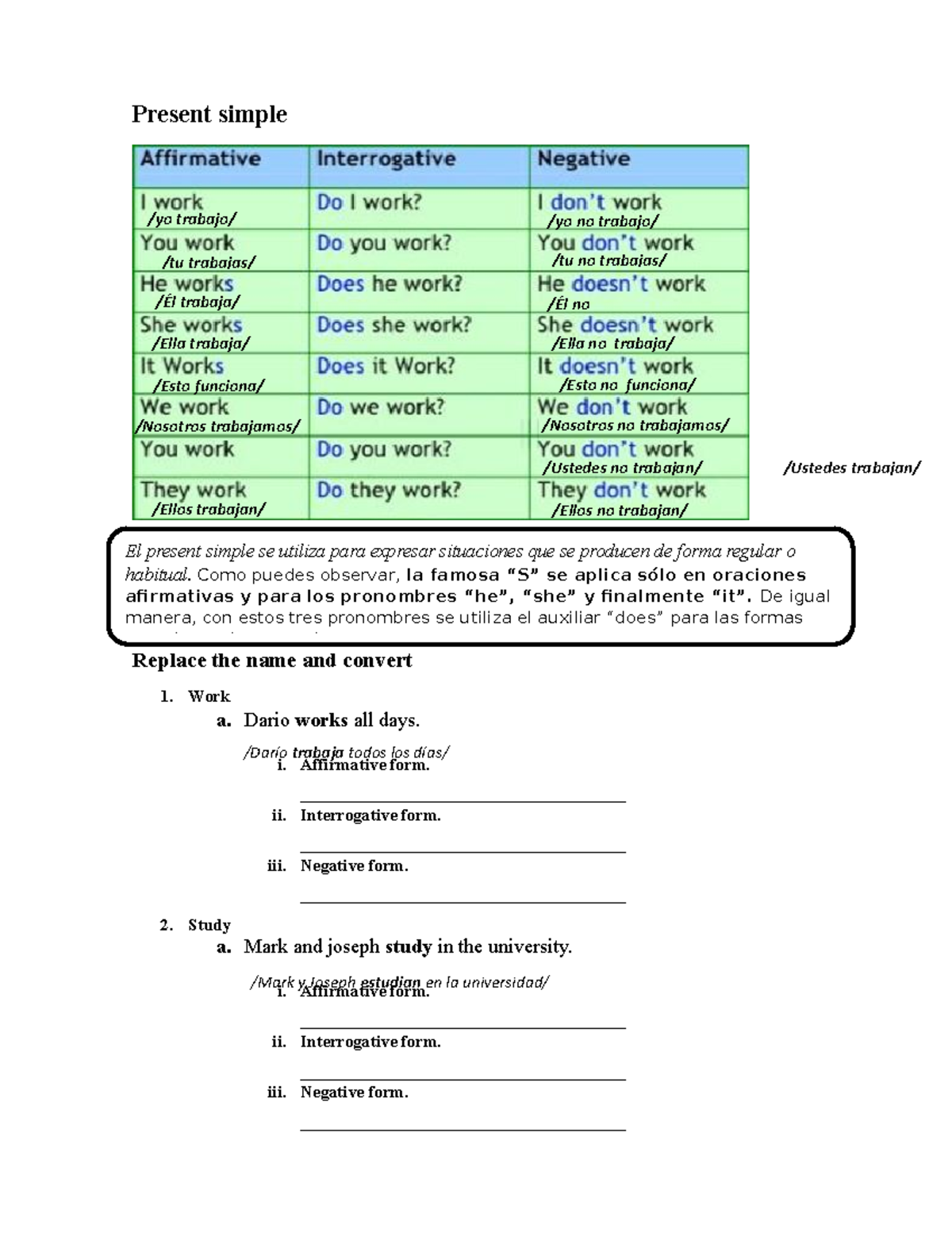Present simple - basico - Present simple Replace the name and convert ...