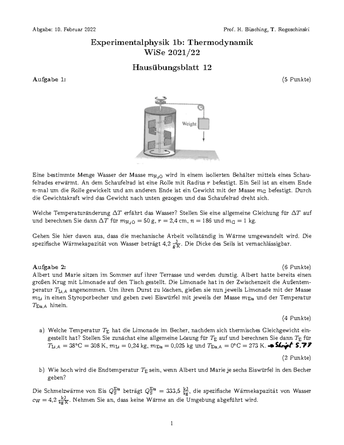 Hausübung 12 Ex1 - Übungen für Thermodynamik - Abgabe: 10. Februar 2022 ...