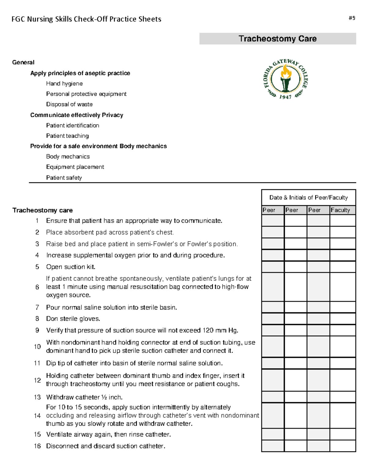 9 Tracheostomy Care 3.0 FGC Nursing Skills CheckOff Practice Sheets