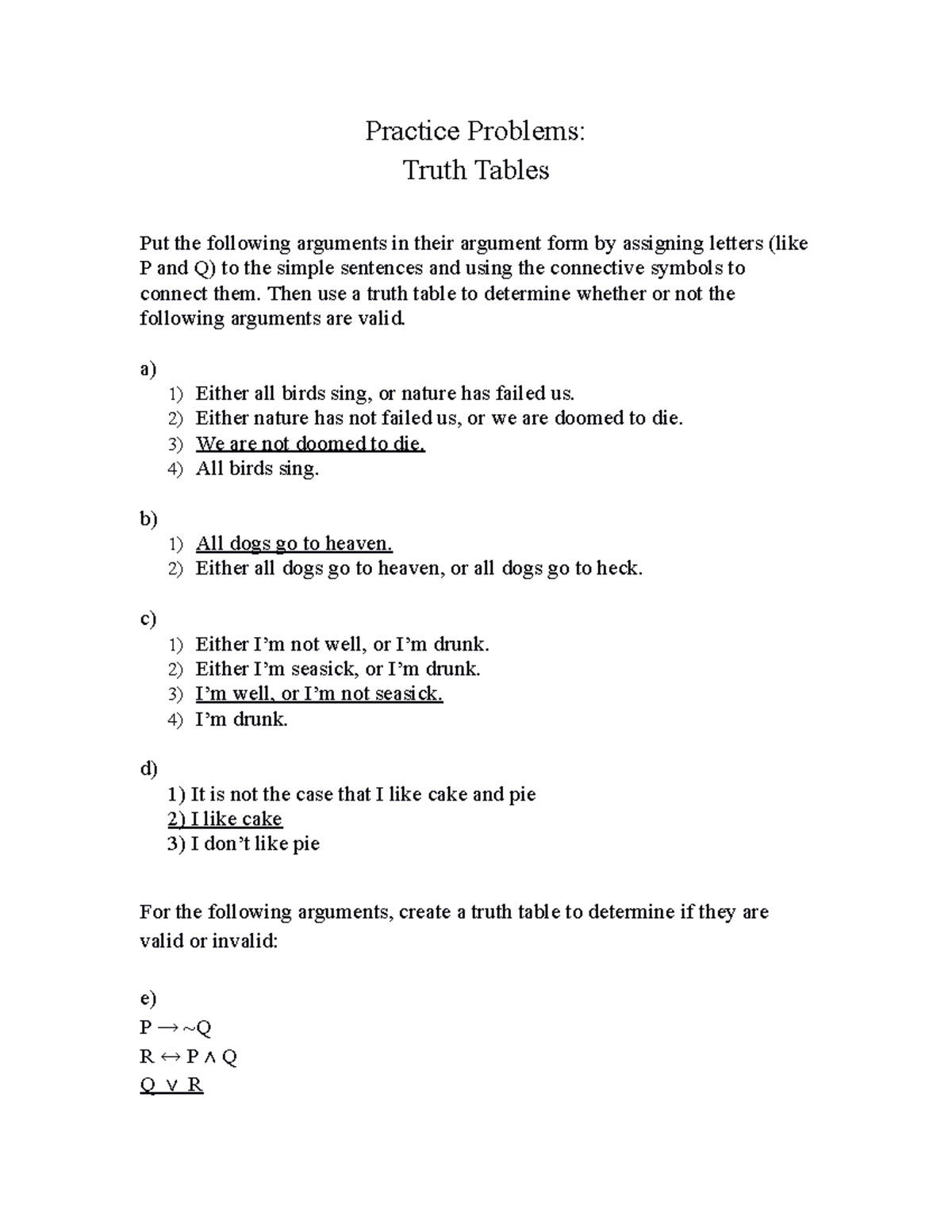 Practice Problems-Truth Tables - Practice Problems: Truth Tables Put ...