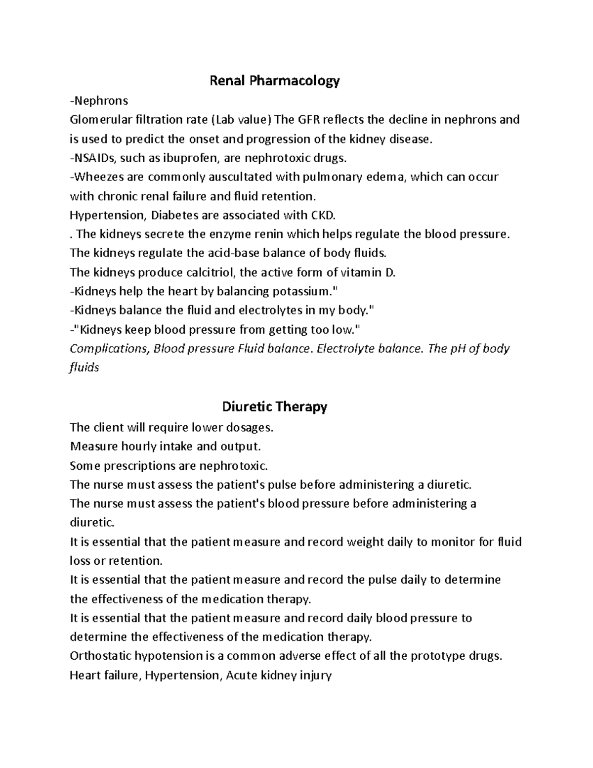 Pharm review 2 study guide Renal Pharmacology Nephrons Glomerular