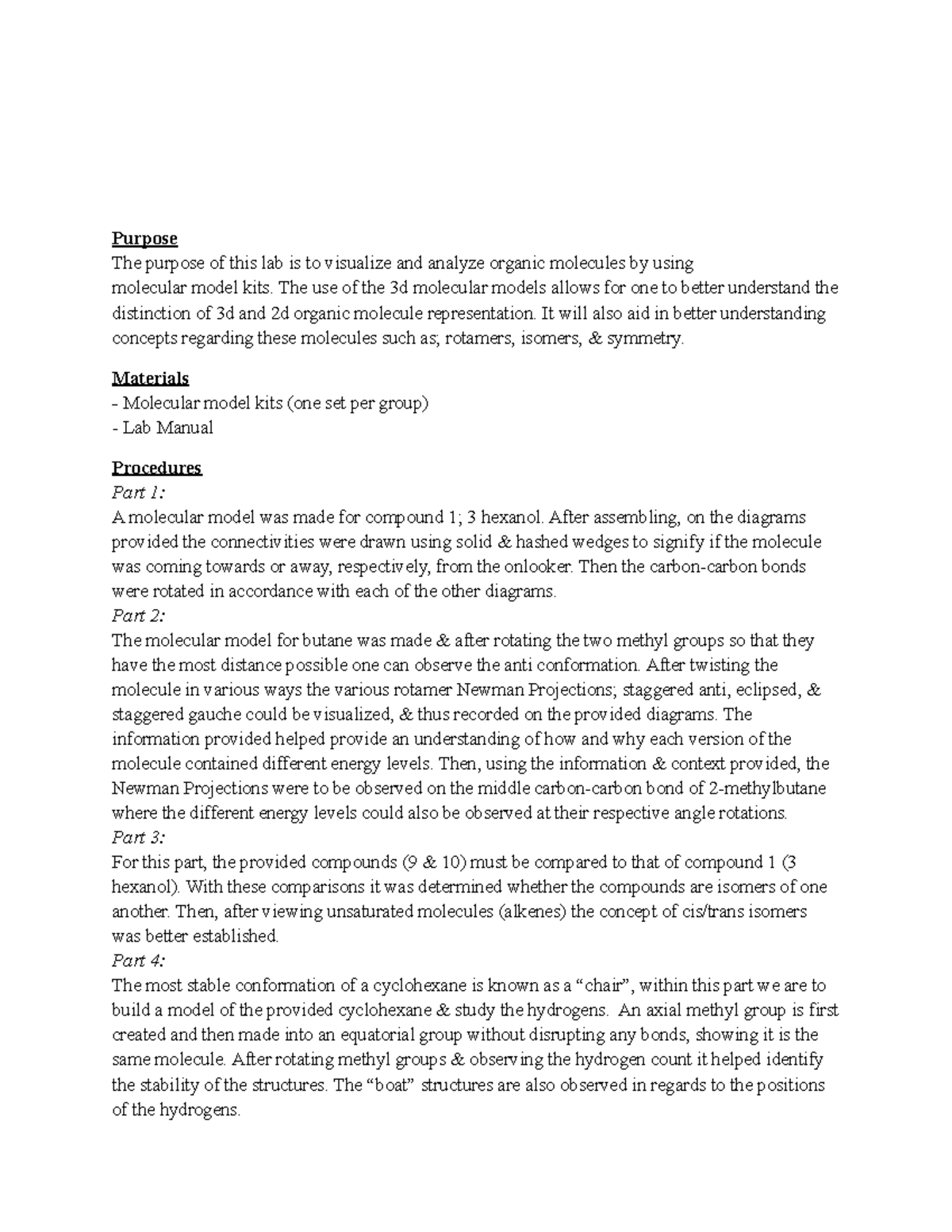 Lab 1 Molecular Models Christopher Albino Organic Chemistry Lab 121