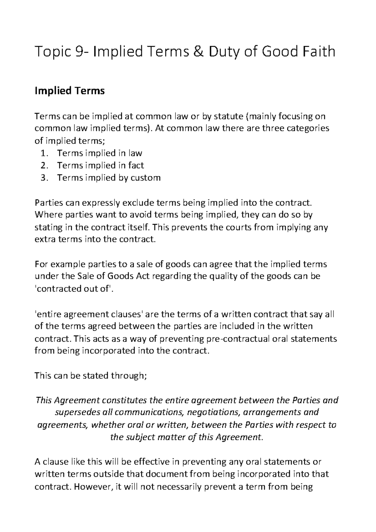 Implied Terms in Contracts: Duty of Good Faith - Studocu