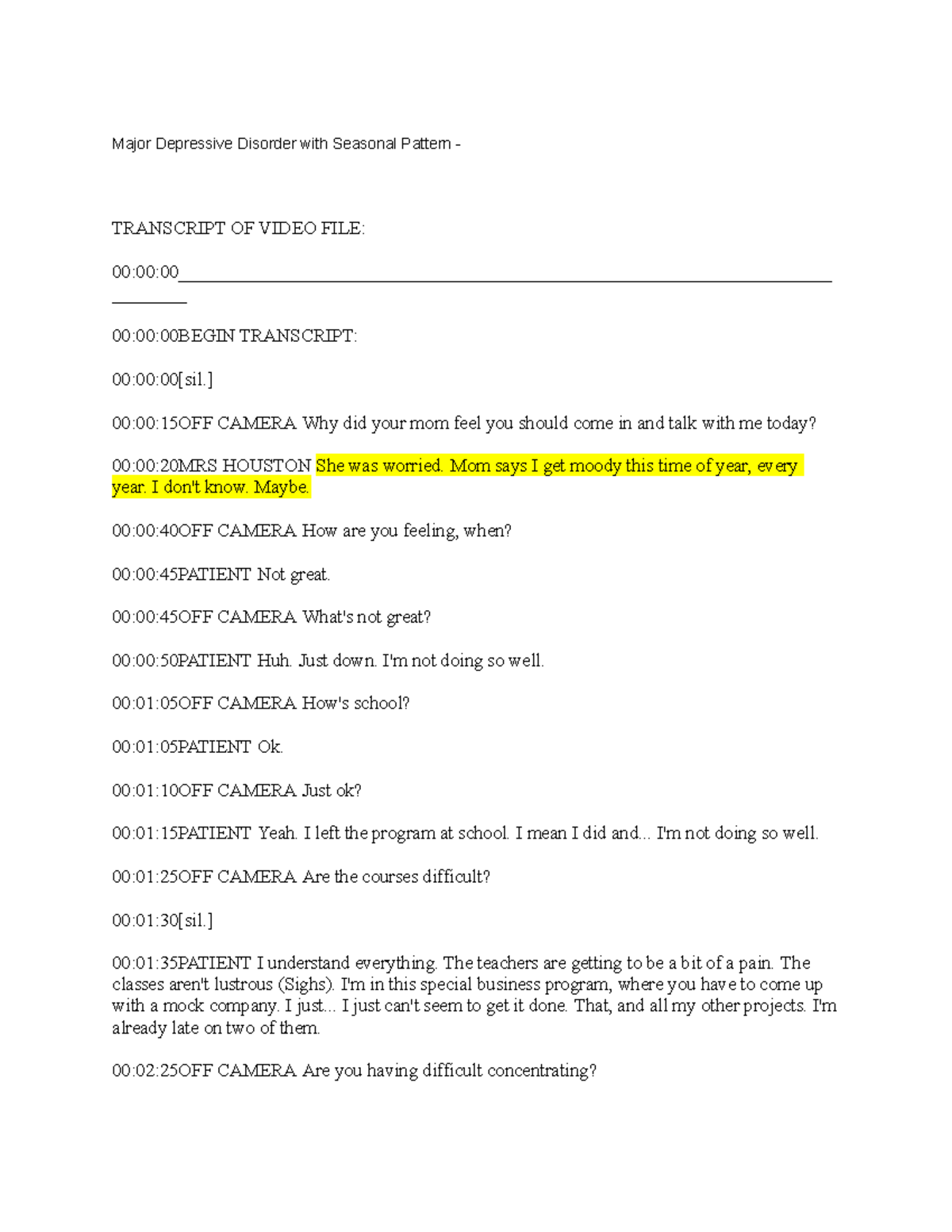 Transcript of video file major depressive disorder with seasonal