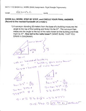 SAW 2 Law of Cosines Example - MATH 1 1 13 SHOW ALL WORK (SAW ...