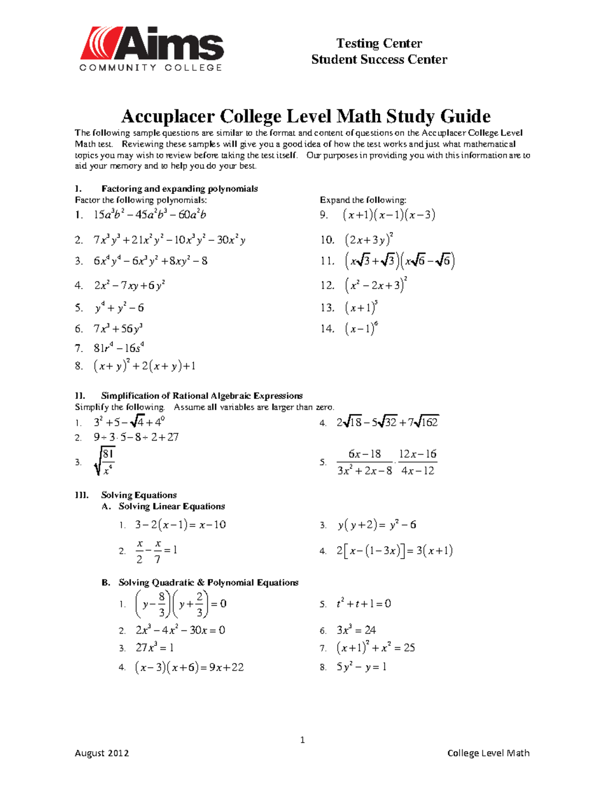 AIMS College Level Math Study Guide Testing Center Student Success