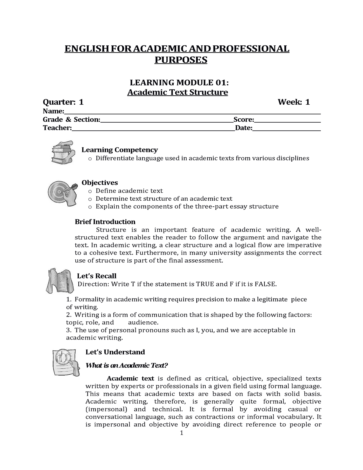 Eapp G11 Q1 M1 Wk1 Module For Eapp English For Academic Andprofessional Purposes Learning 0162