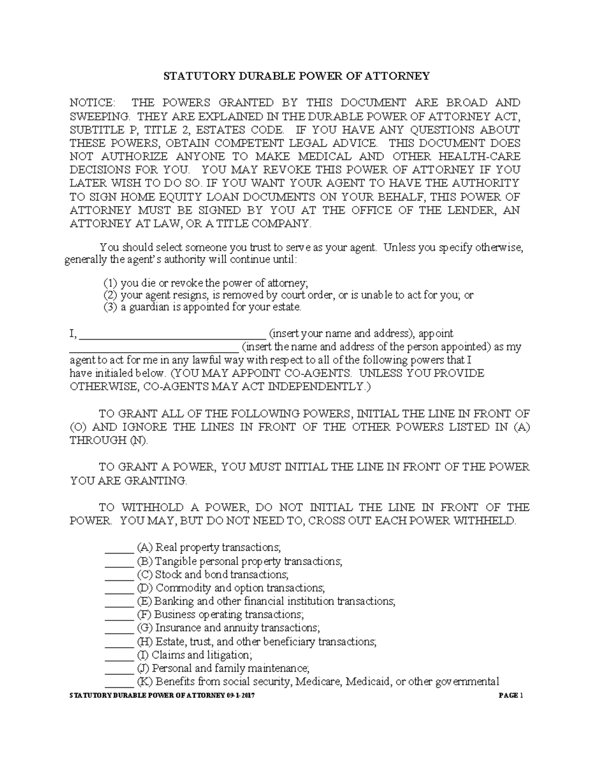 Sdpoa STATUTORY DURABLE POWER OF ATTORNEY NOTICE THE POWERS GRANTED