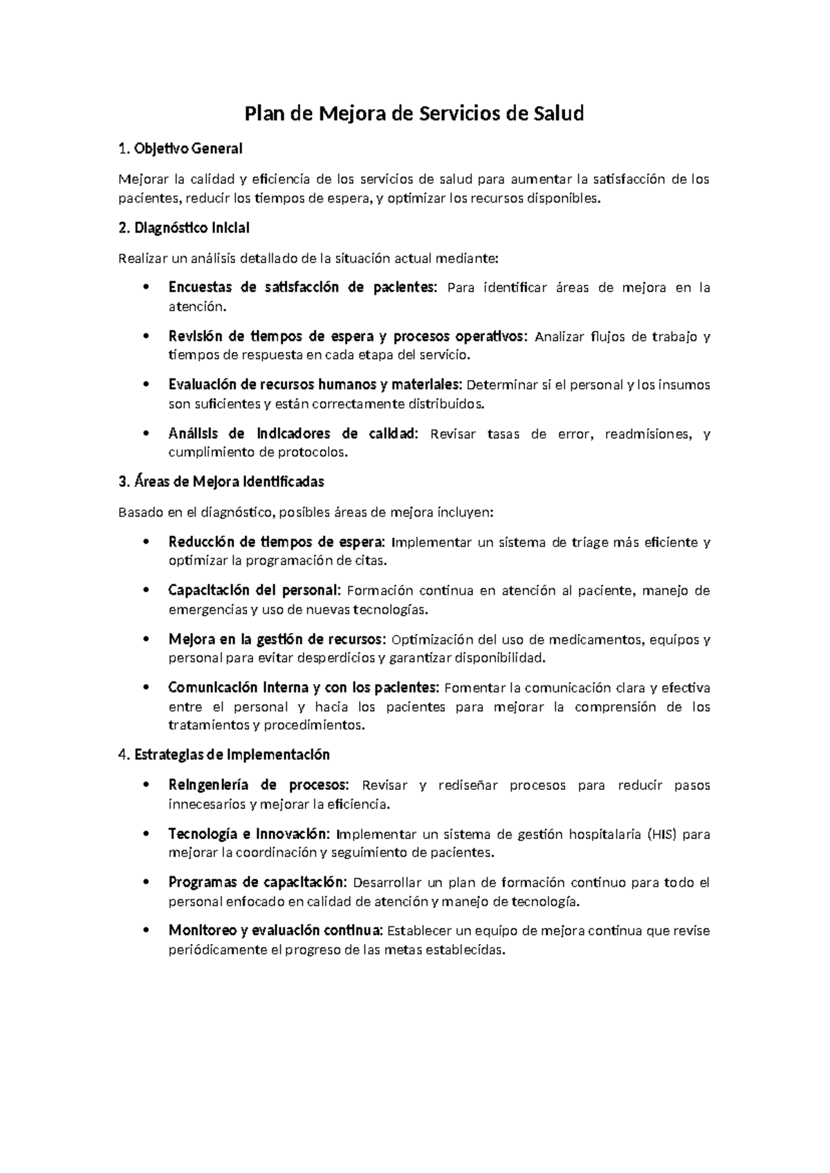Plan de Mejora de Servicios de Salud - Objetivo General Mejorar la ...