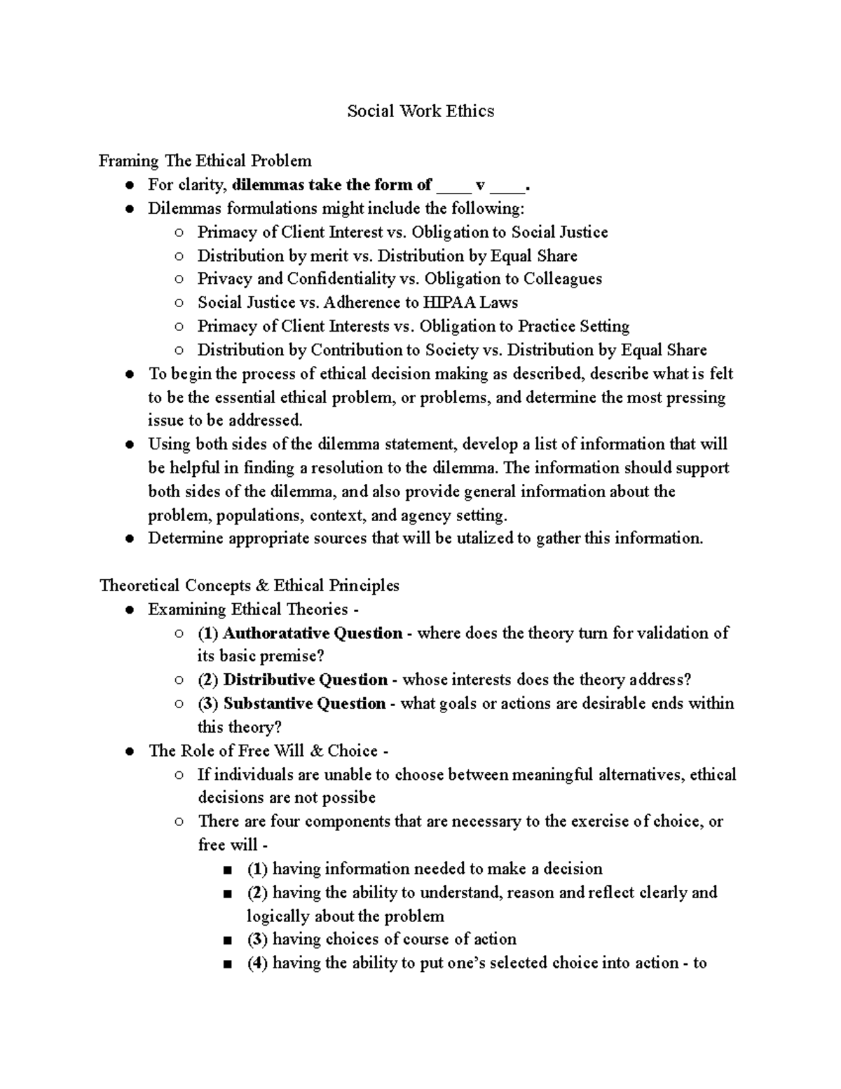 Social Work Ethics - lecture/book notes from class - Social Work Ethics ...