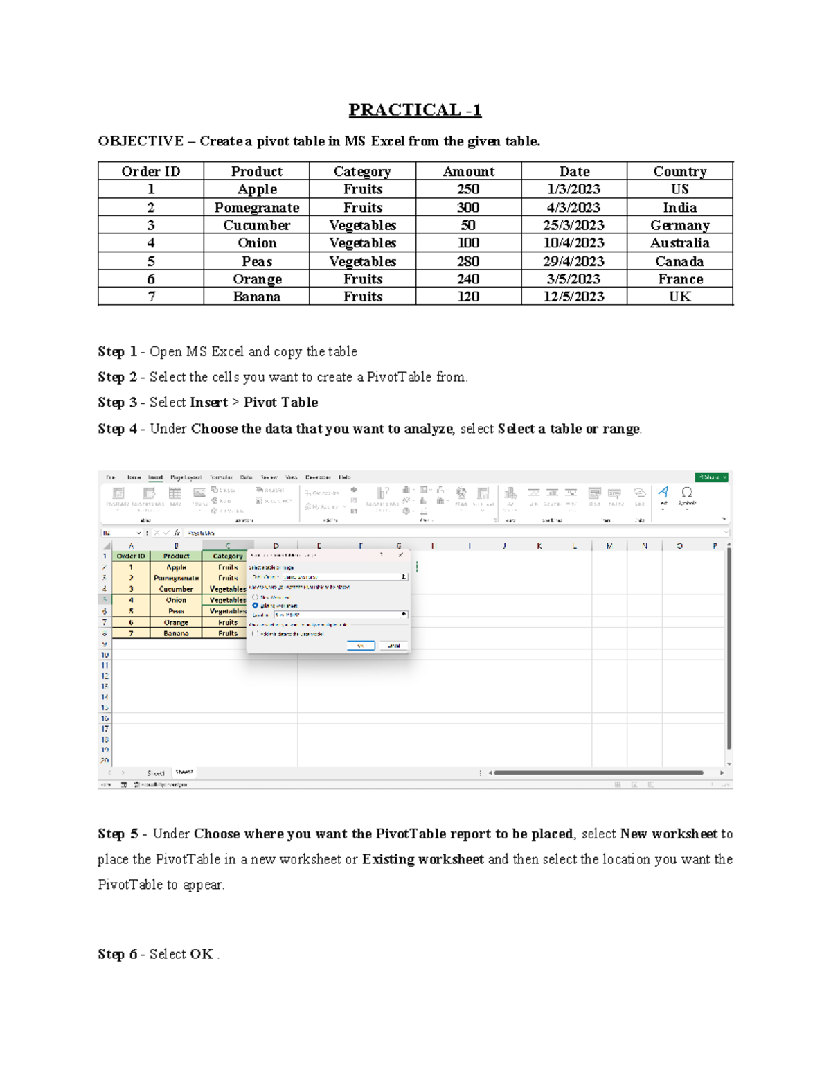 Index - PRACTICAL - OBJECTIVE – Create a pivot table in MS Excel from ...