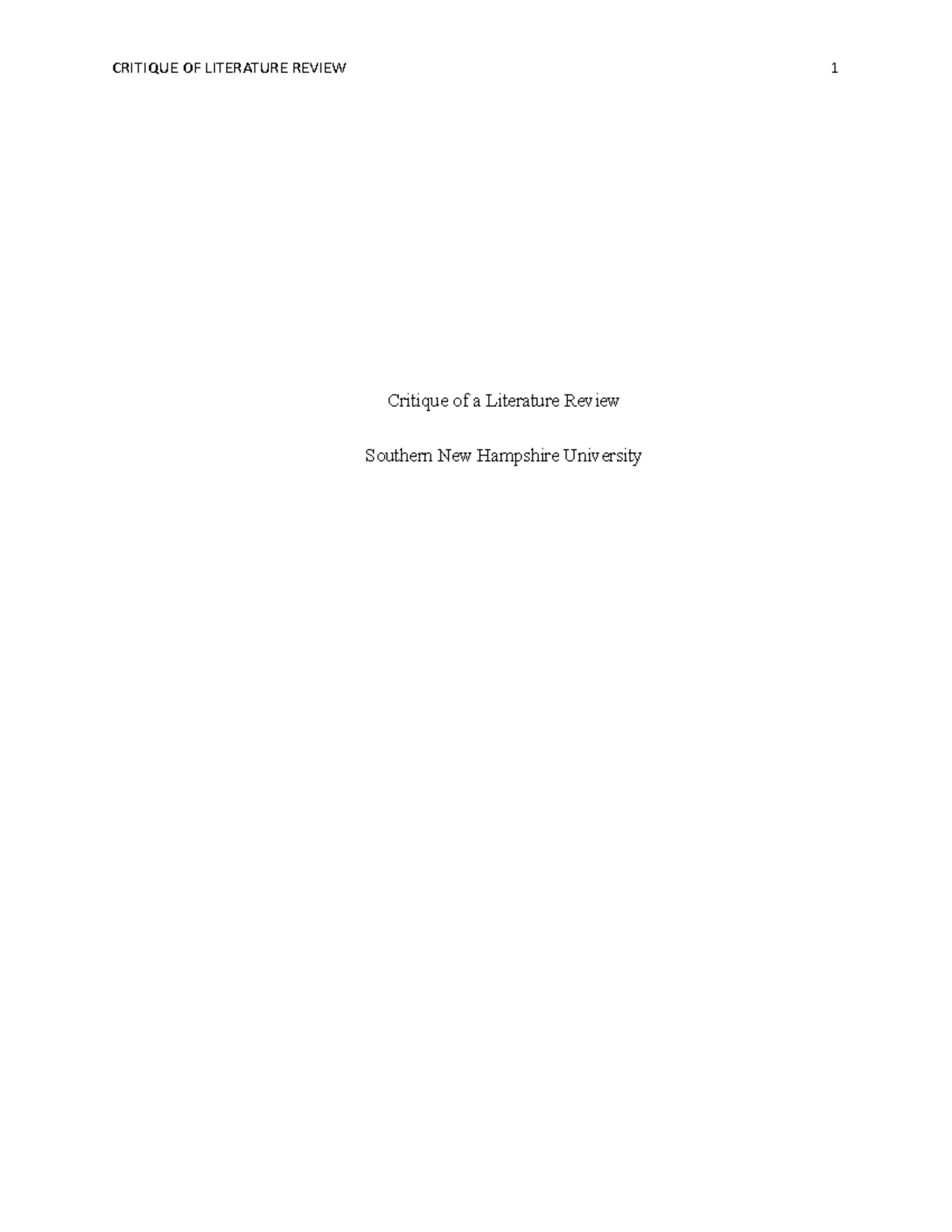 Short Paper Critique of a Literature Review - Critique of a Literature ...