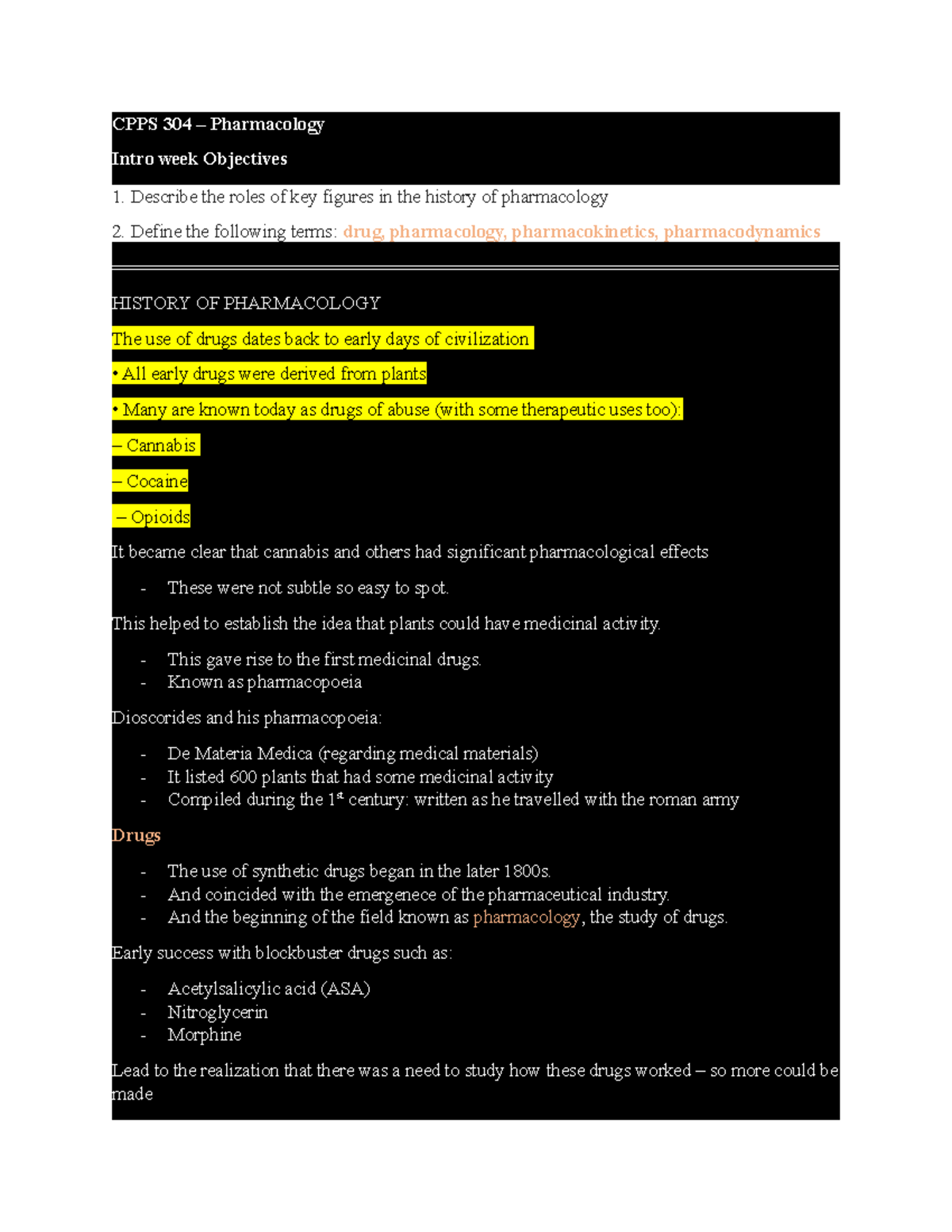 CPPS 304 - Lecture notes week 1-3 - CPPS 304 – Pharmacology Intro week ...