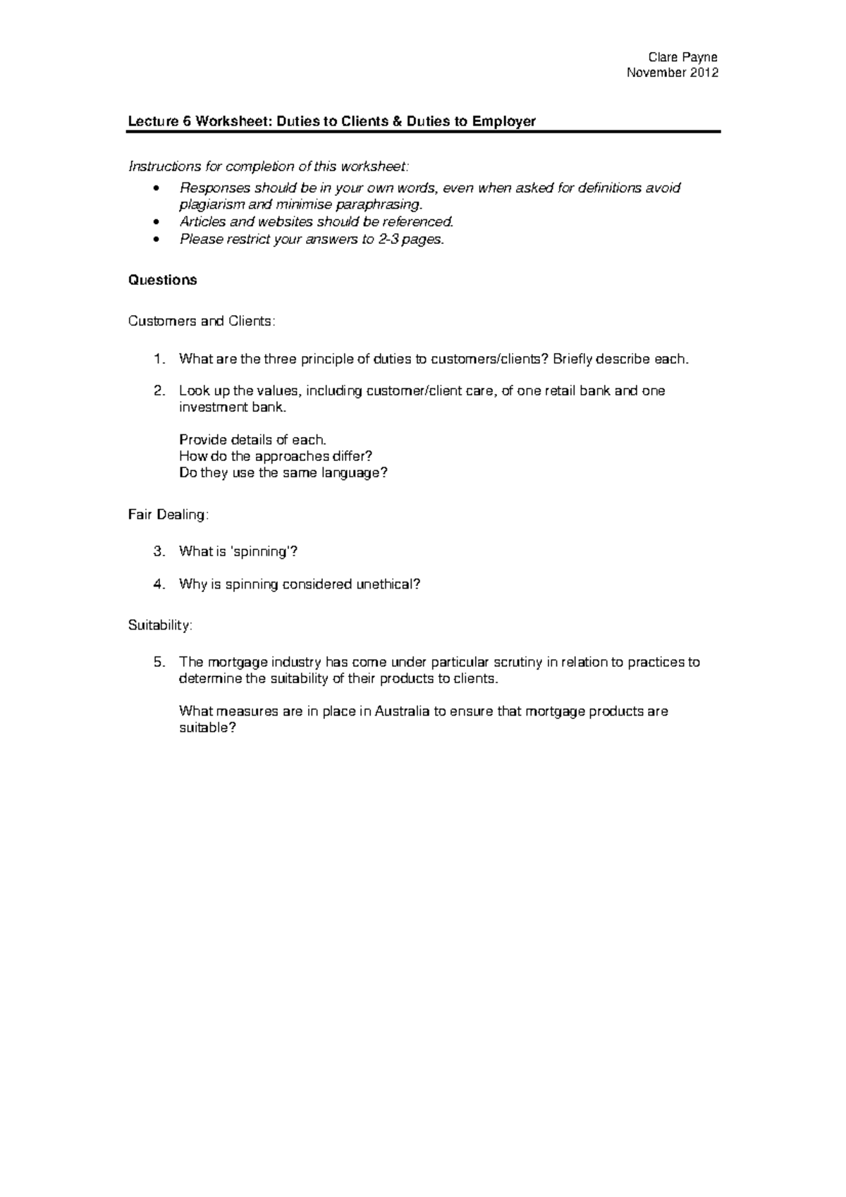 Duties to Clients & Duties to Employers Worksheet - Clare Payne ...