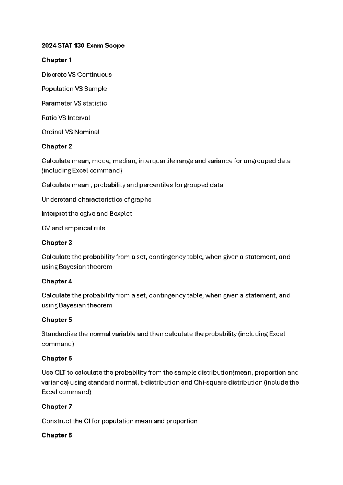 2024 STAT 130 Exam Scope - 2024 STAT 130 Exam Scope Chapter 1 Discrete ...