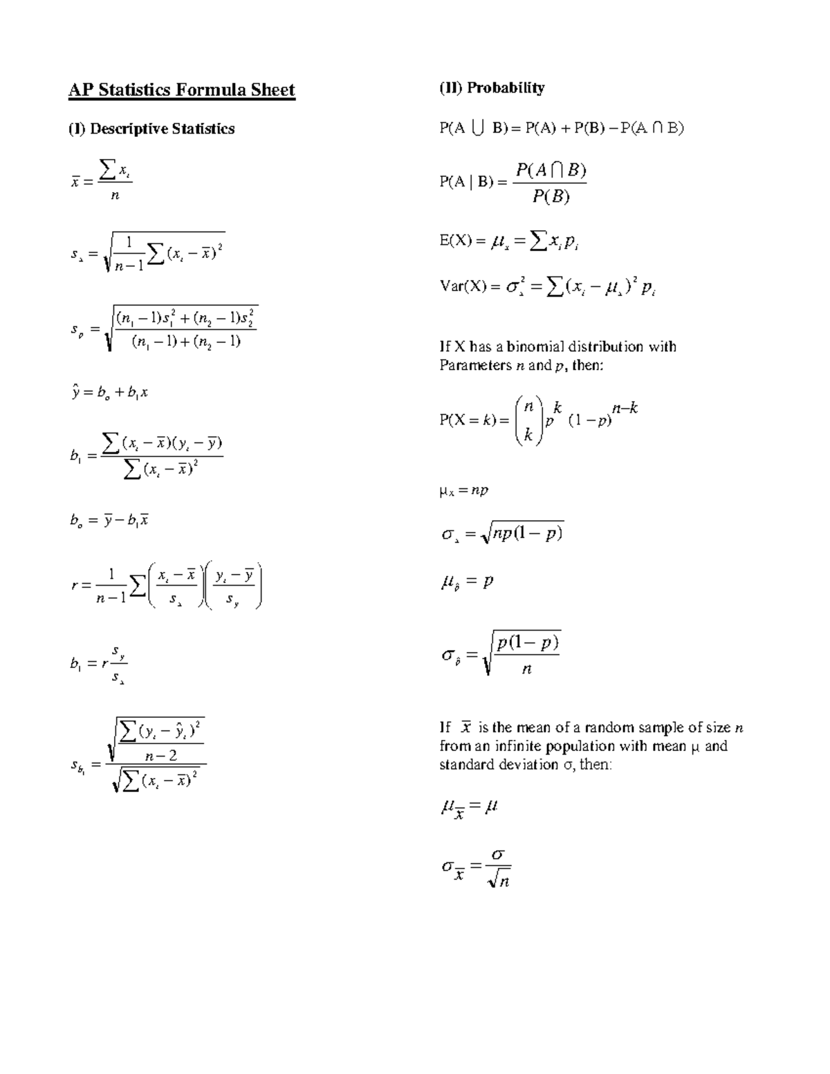 Formula Sheet- AP Stat - Lecture notes 1,2,3 - AP Statistics Formula ...