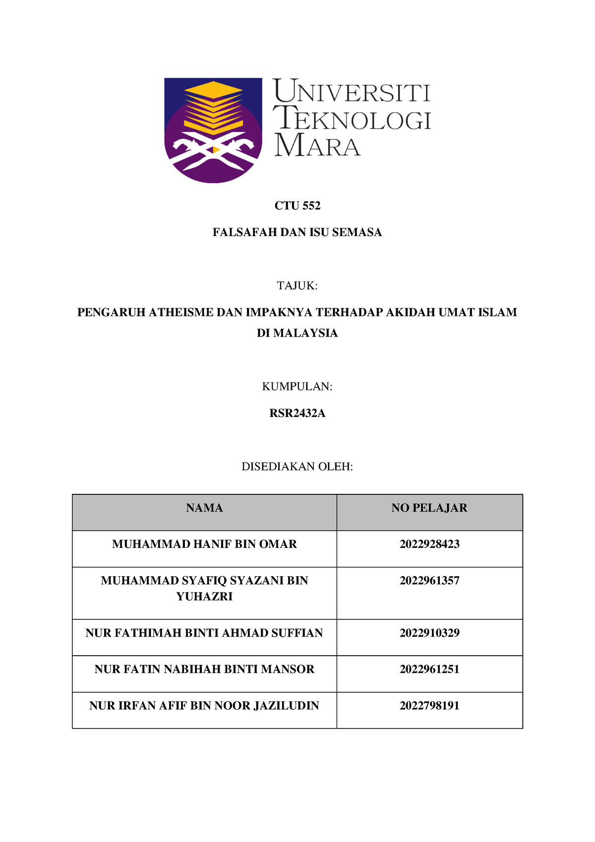 CTU-552 Assignment PDF - CTU 552 FALSAFAH DAN ISU SEMASA TAJUK ...