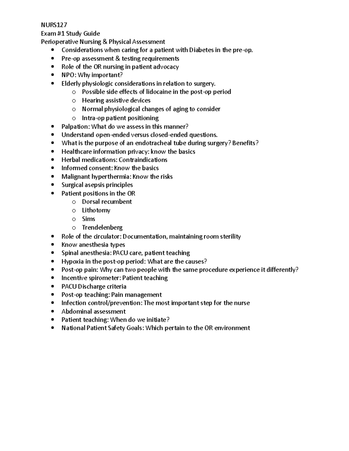 Exam #1 Study Guide - NURS Exam #1 Study Guide Perioperative Nursing ...