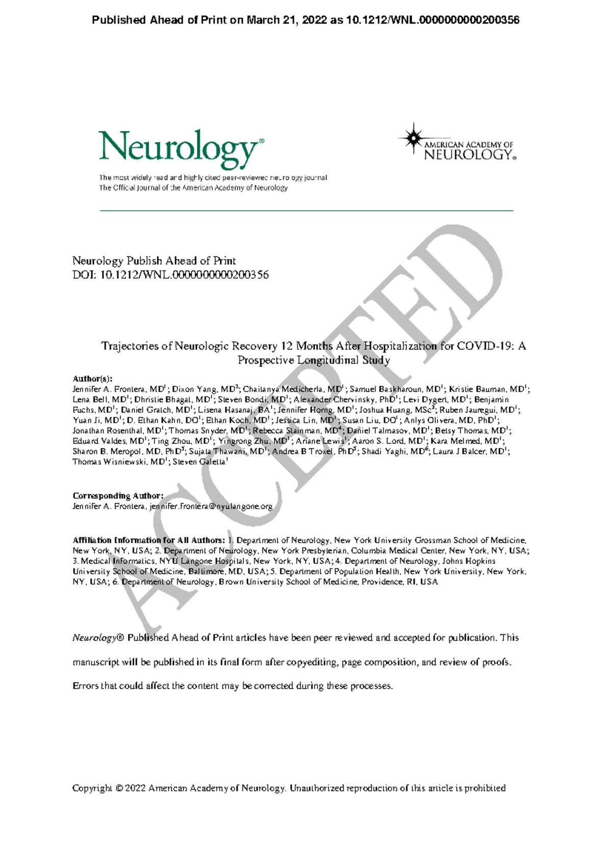 12 Month Hospitalized Covid Follow Up - Neurology Publish Ahead Of ...