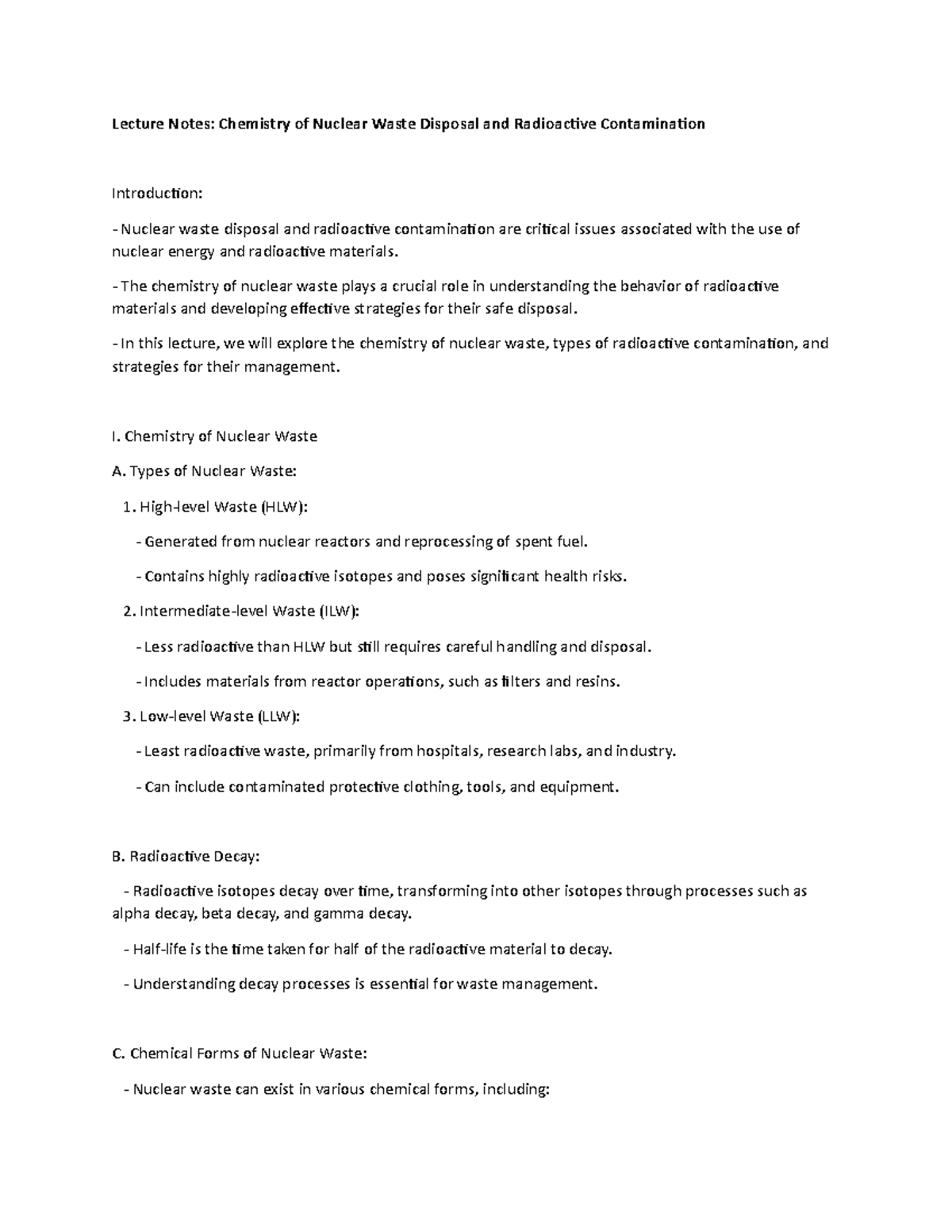 Lecture Notes Chemistry of Nuclear Waste Disposal and Radioactive Contamination Lecture Notes